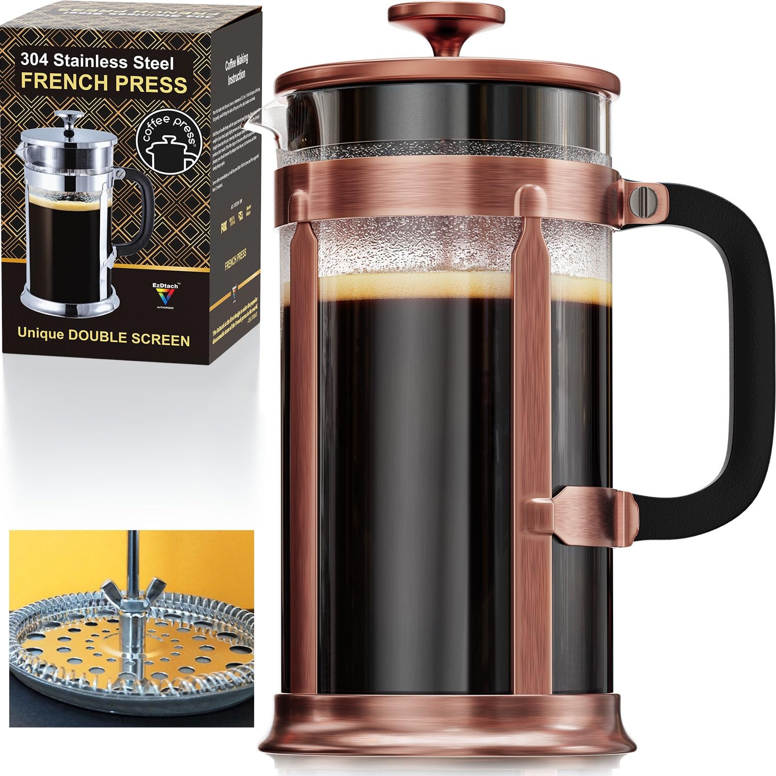 Ezdtach French Press Coffee Maker With 2 Extra Screens, 34Oz, French Press Stainless Steel 304 Grade, Easy Disassemble Design Do