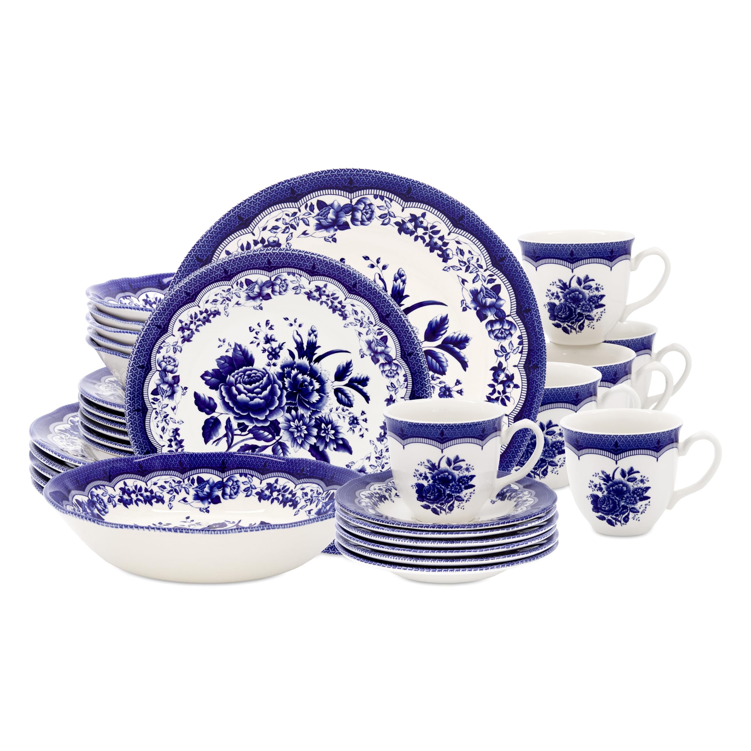 TUDOR ROYAL 30-Piece Premium Quality Round Porcelain Dinnerware Set, Service for 6 - VICTORIA BLUE Design, Blue Floral, Plates B