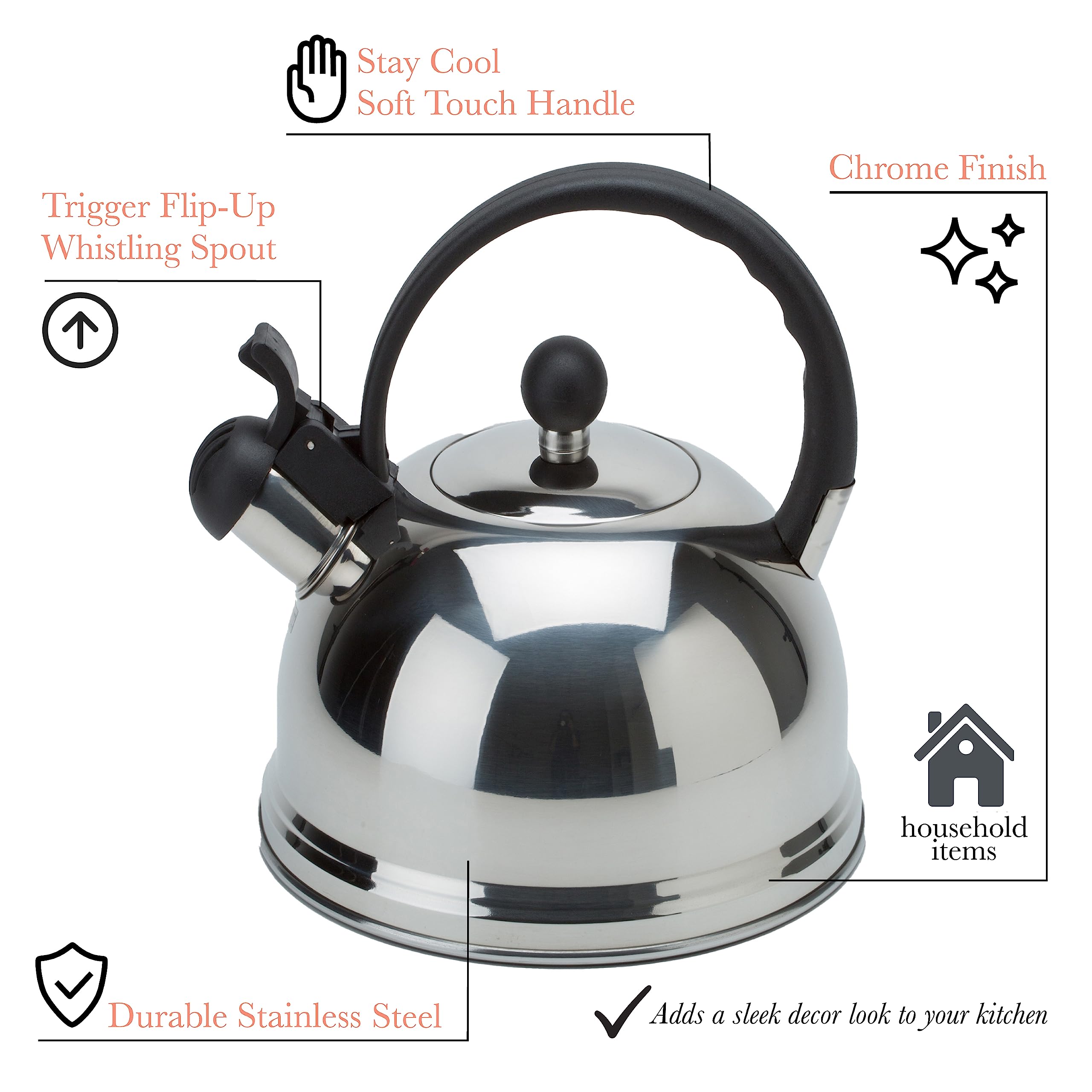 Kitchen Details Stainless Steel Whistling Tea Kettle | Stovetop | 10 Cup | 2.6 Quart | Chrome