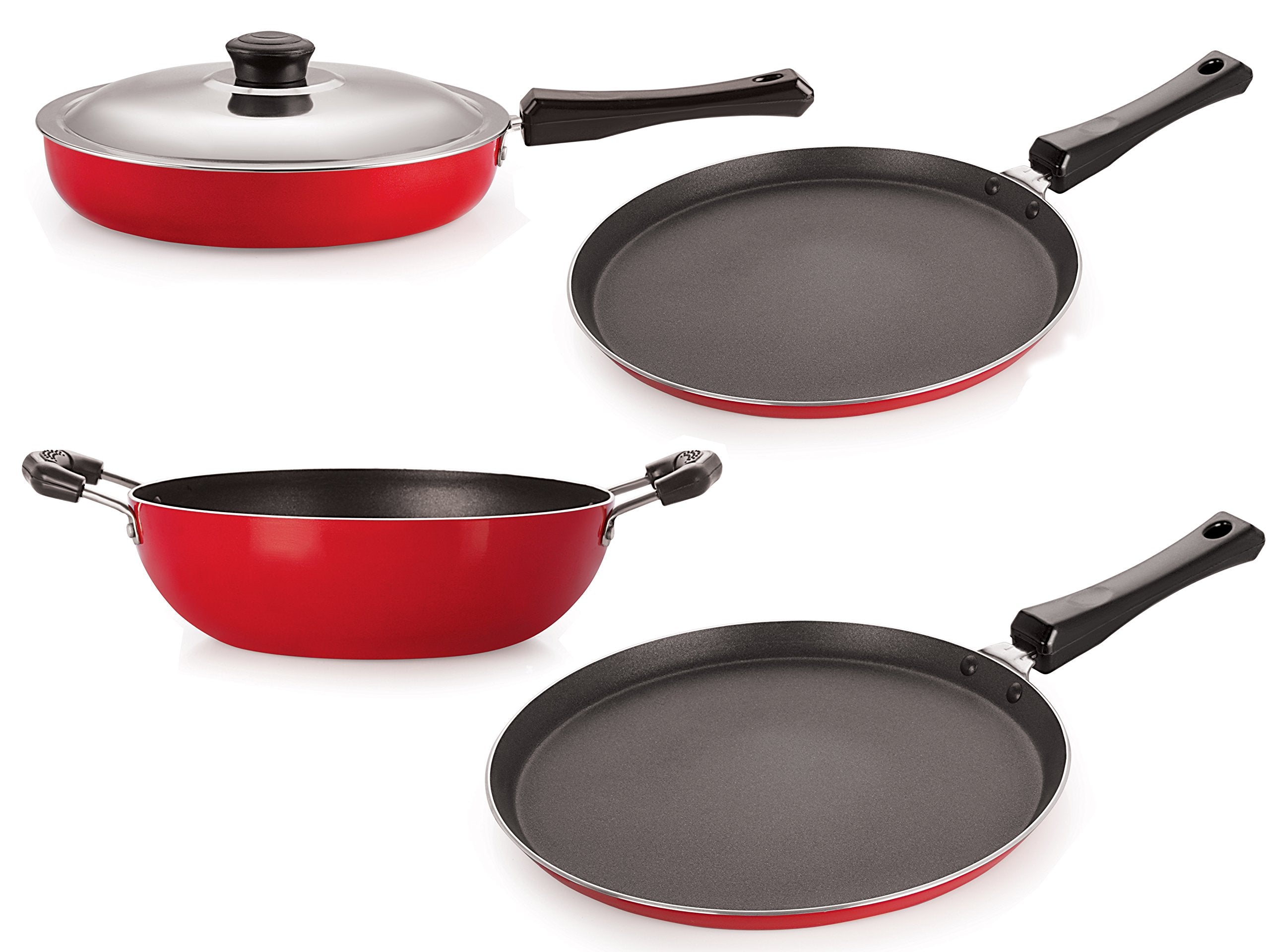 Nirlon NonStick Odor Free Kitchenware Combo Set Offer With Steel Lid, Red And Black Color