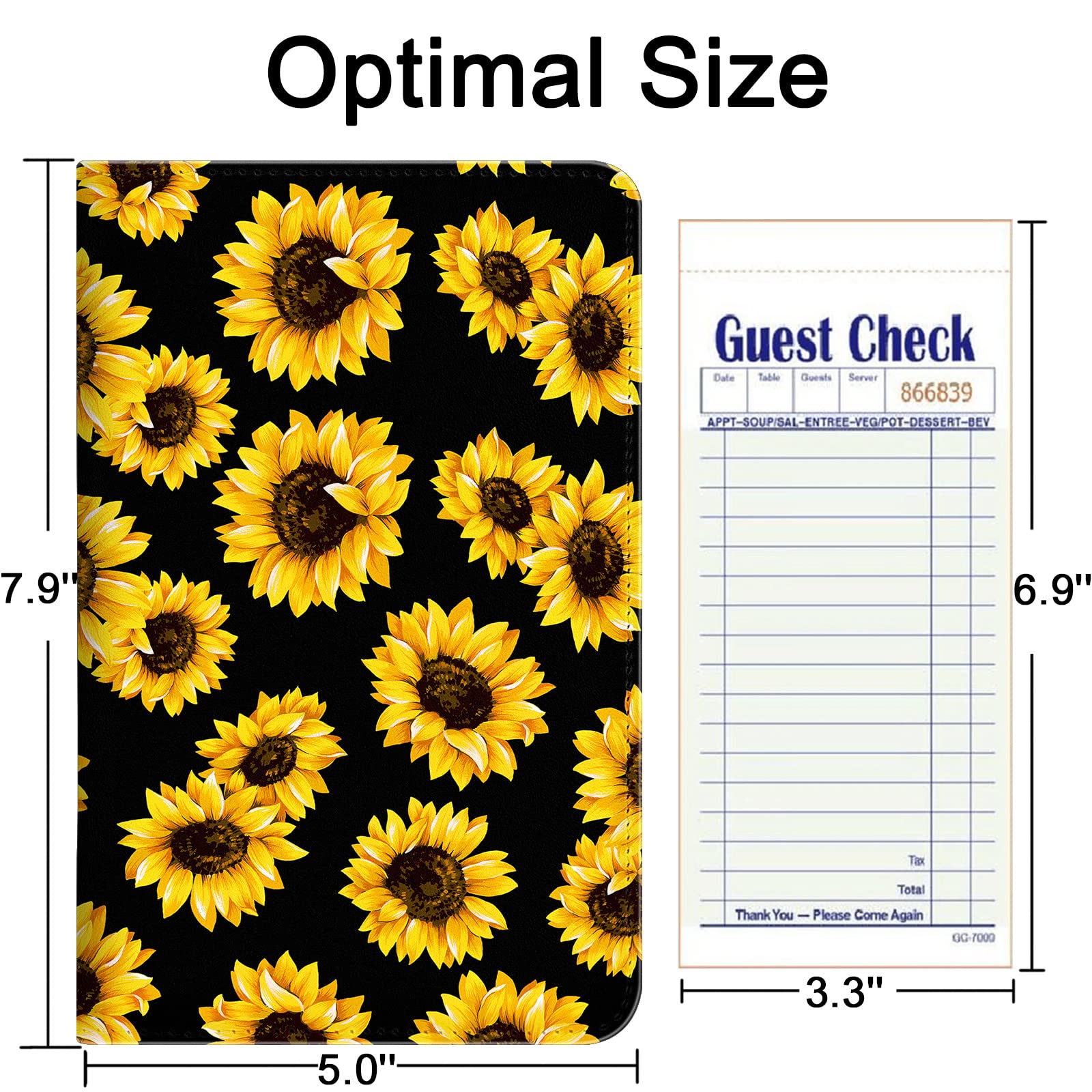 Server Book for Waitress Book Organizer Upgraded 9 Pockets PU Leather Waiter Wallet Server Books with Zipper Pocket  Guest Check Holder Serving Book Fit Server Waitress Apron-Sunflowers