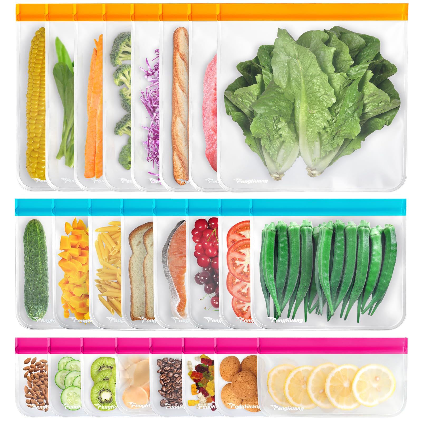 24 Reusable Food Storage Bags, Freezer Bags with Pack BPA FREE (8 Reusable Gallon Bags+8 Leakproof Reusable Sandwich Bags+8 Food