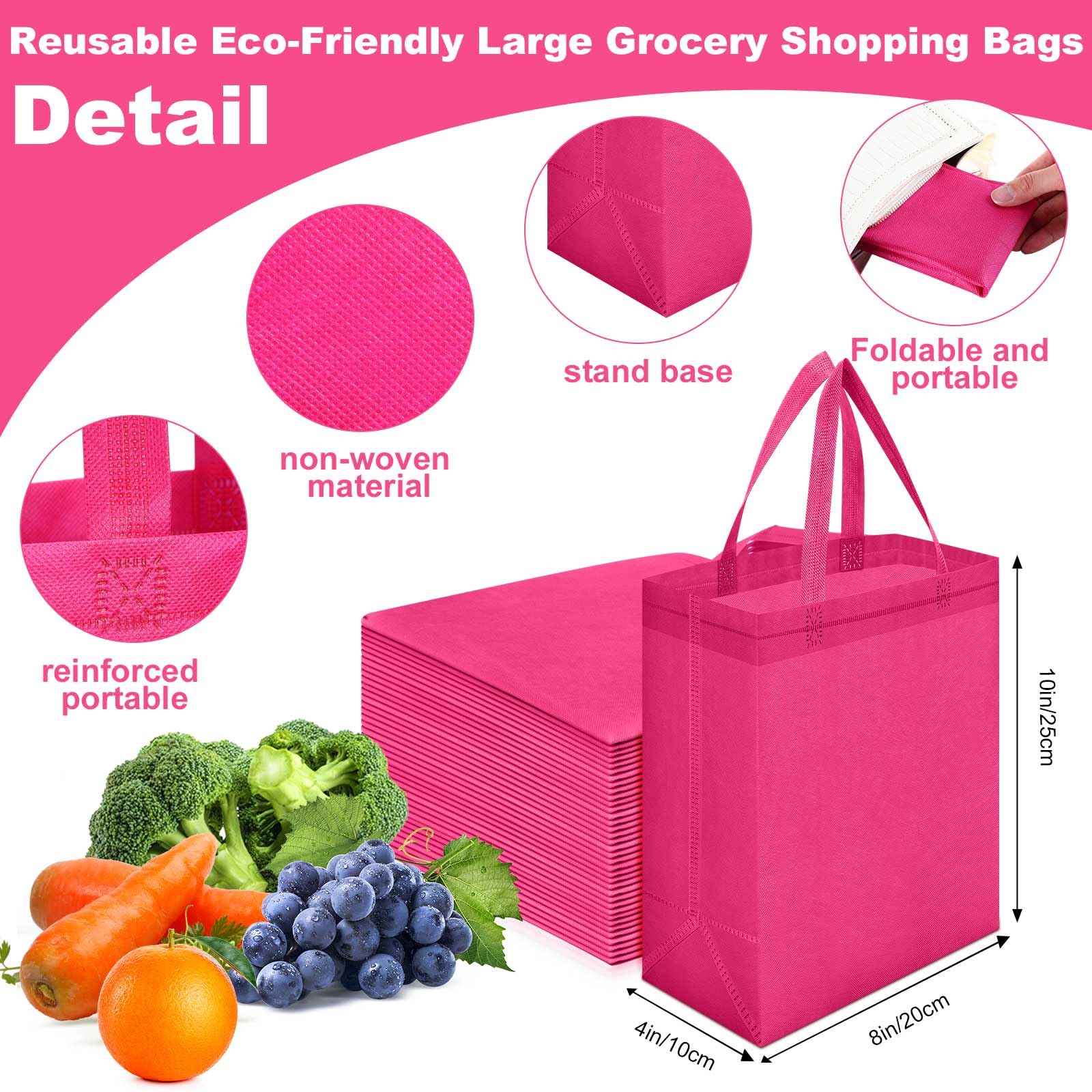 Windyun 50 Pcs Reusable Tote Bag Bulk 8 x 4 x 10 Inch Non Woven Shopping Bag with Handle Christmas Reusable Grocery Gift Tote(Ro