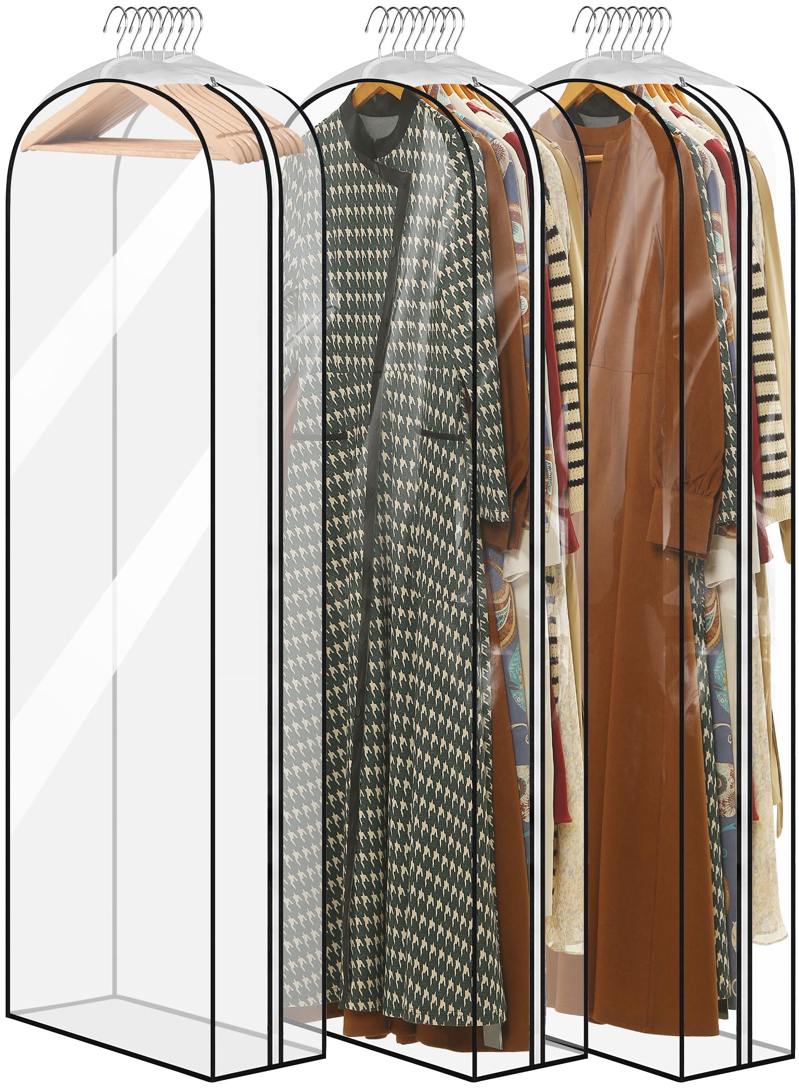 3 Pack - Moucas 10'' Gusseted All Clear Dress Bag, 60'' Garment Bags For Hanging Clothes, Dress Bags For Gowns Long, Dress Cover