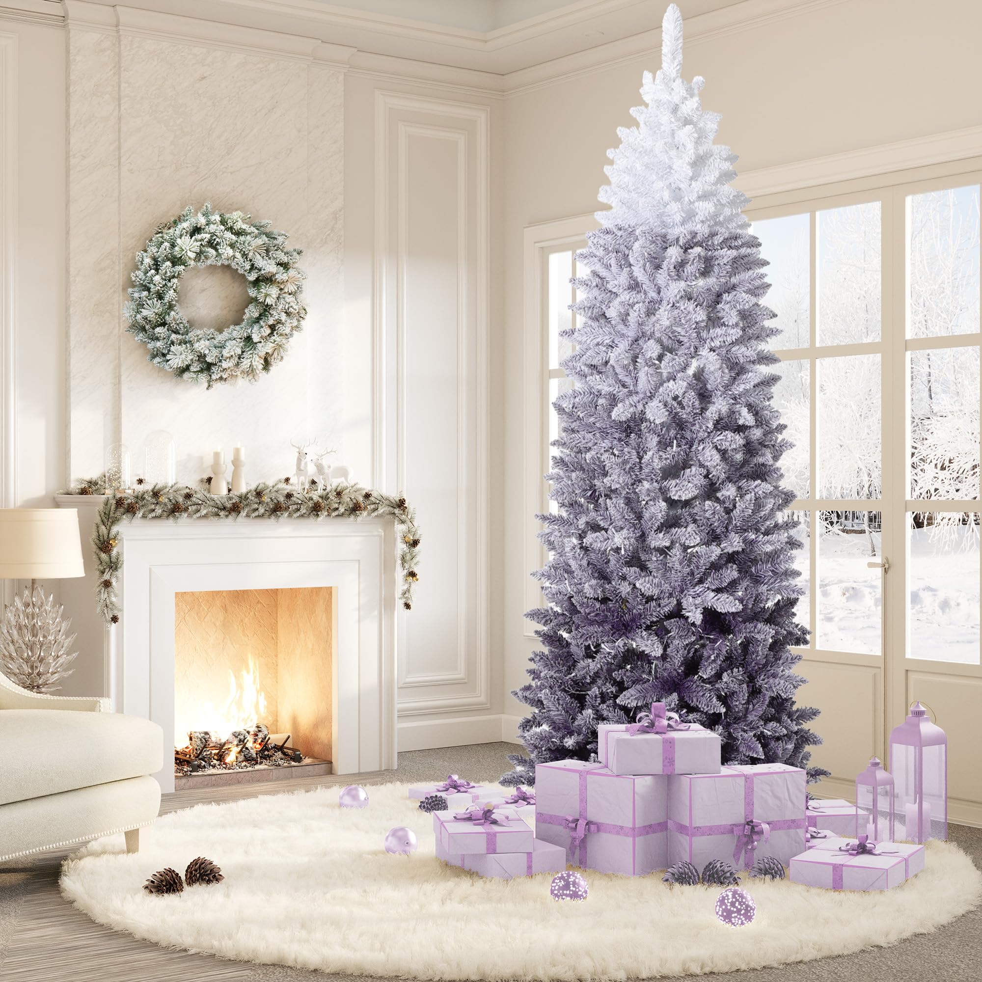 GAOMON 6Ft Snow Flocked Pencil Christmas Tree, Slim Artificial Christmas Tree with Sturdy Metal Stand, Skinny Xmas Tree Holiday