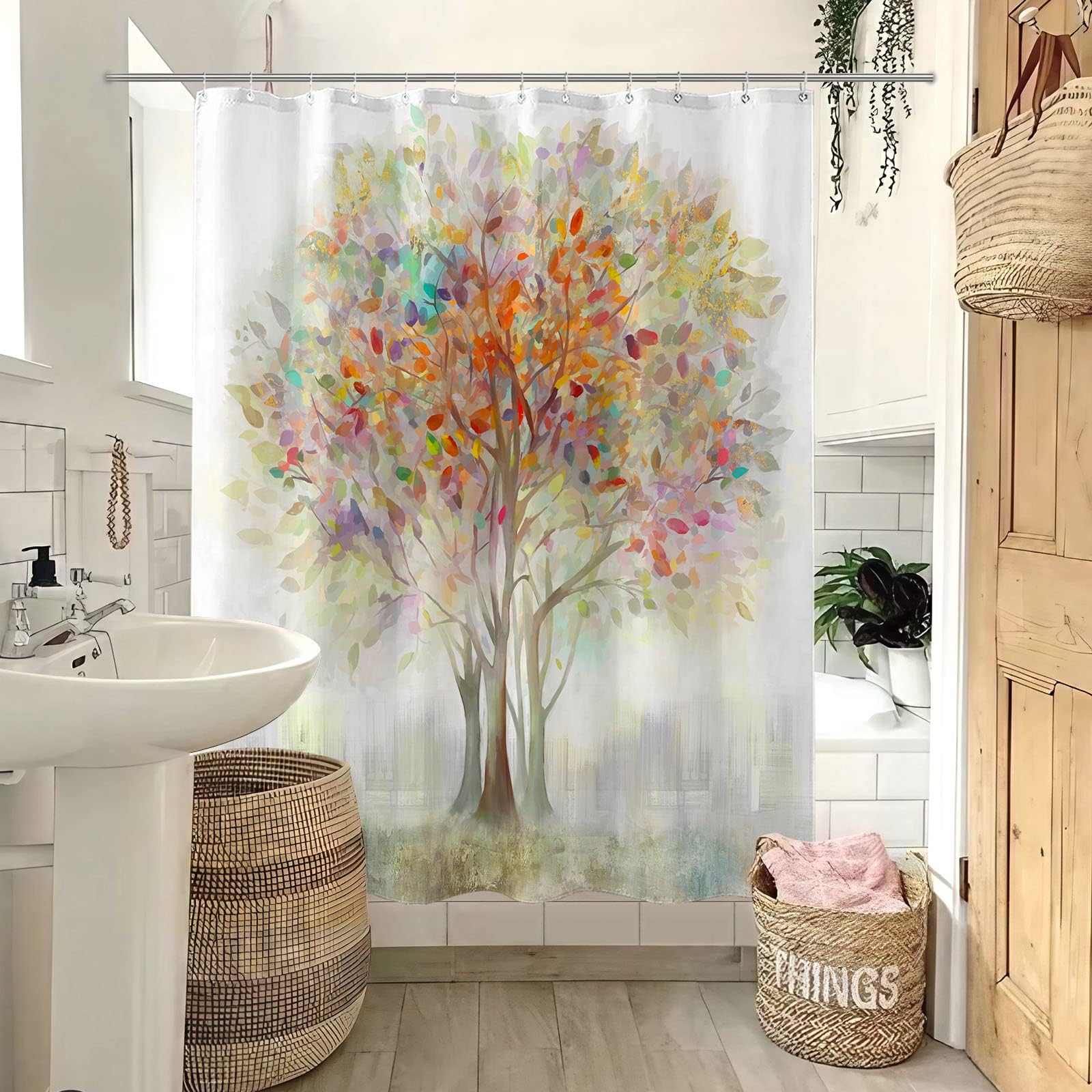 Kanuyee Colorful Tree Shower Curtain Shower Fabric Shower Curtain Flowers Shower Curtain Cloth Fabric Bathroom Decor Set With 12