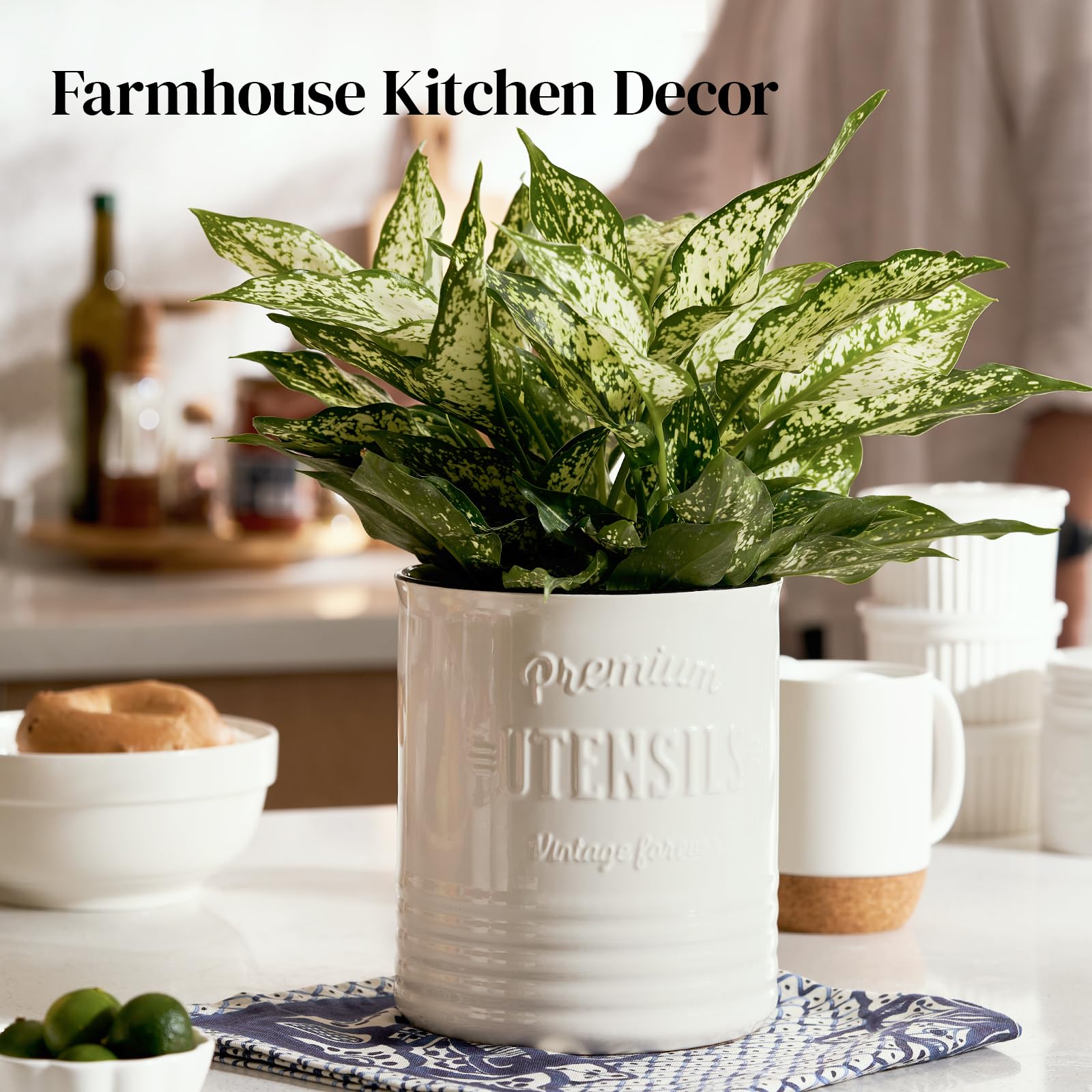 DOWAN 7.2'' Extra Large Kitchen Utensil Holder - Farmhouse Utensil Holder for Countertop - Ceramic Utensil Crock with Protection Cork Mat - Kitchen Decor & Housewarming Gift (White)