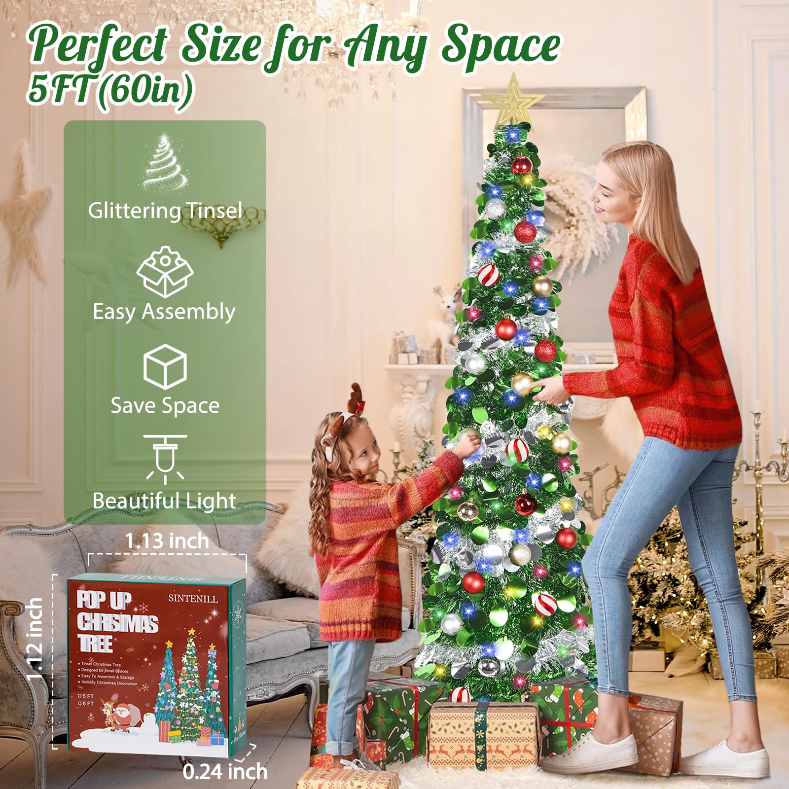 SINTENILL 5 FT Pop Up Christmas Tree with Timer Lights and Decorations, Green Artificial Tinsel Christmas Tree with 24 Ball Orna