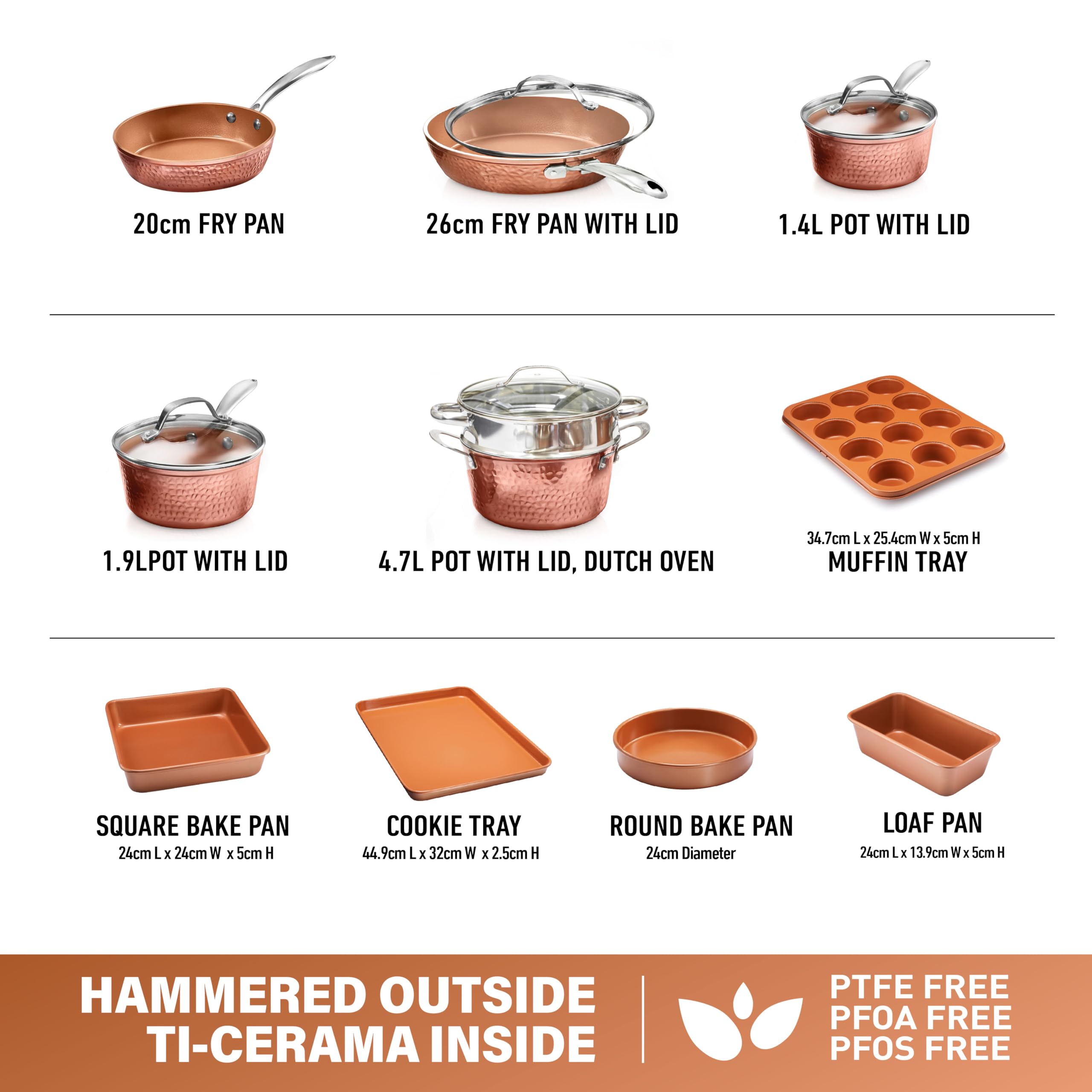 Gotham Steel 15 Pc Ceramic Cookware Set, Hammered Copper, Nonstick, PFOA Free, Induction & Dishwasher Safe, Model 2984