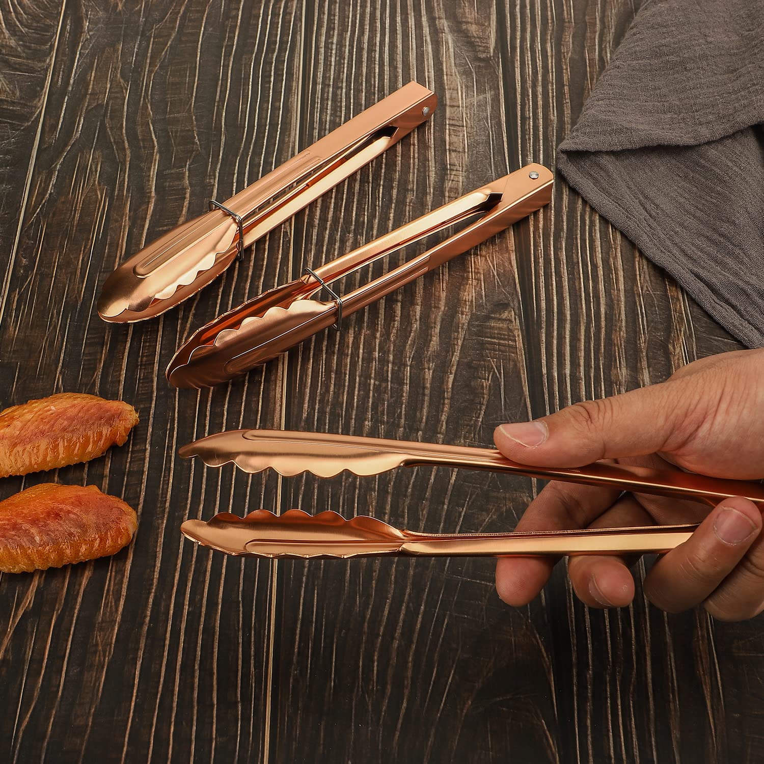 Msy Bigsunny 9 Inch Kitchen Food Tongs For Cooking And Serving Stainless Steel Tongs- Aluminum - Set Of 3 (Pink Gold)