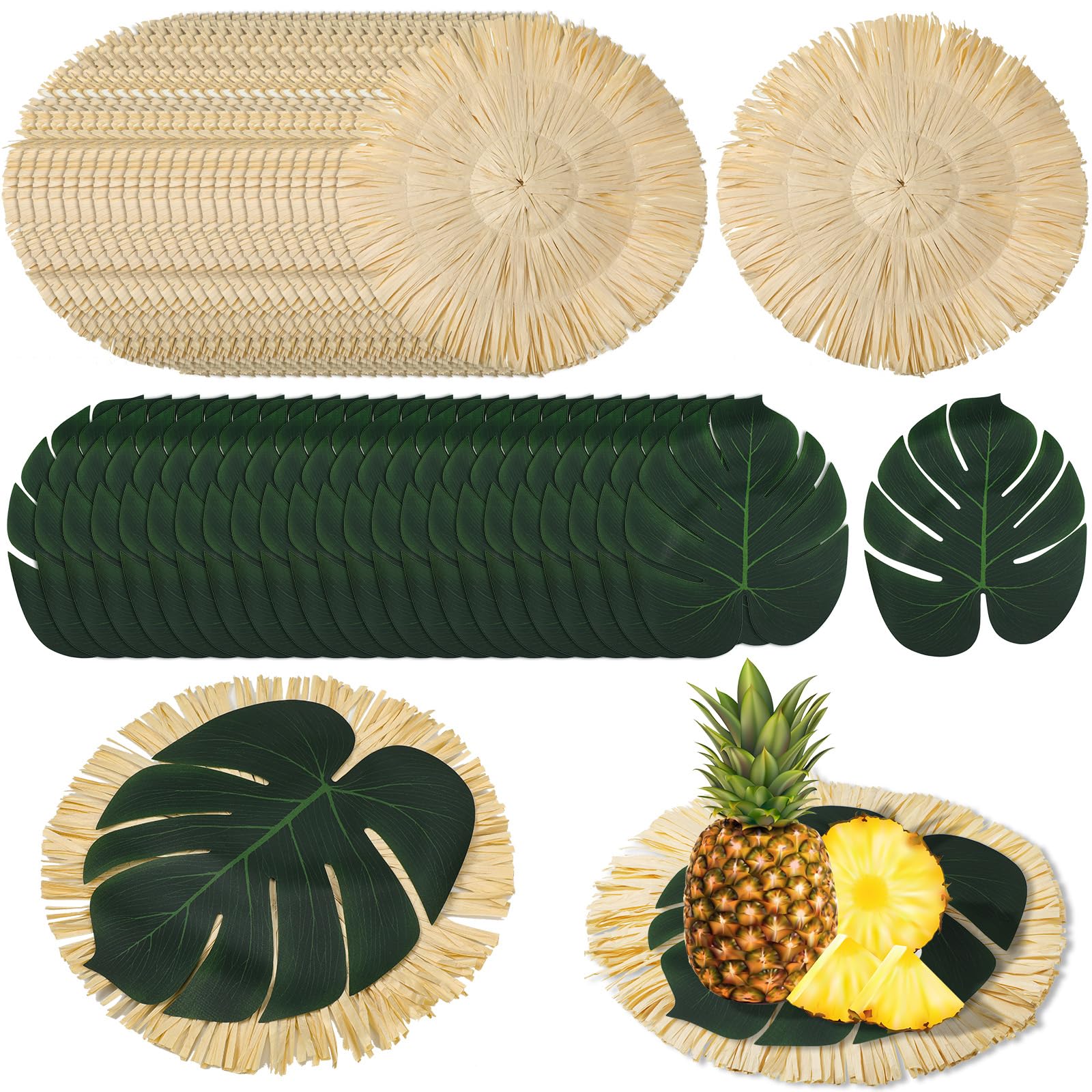 Sunnychicc 48pcs Luau Placemats and Palm Placemat, Round Luau Fringe Place Mats Tropical Palm Leaf Place Mats Bulk Summer Hawaii