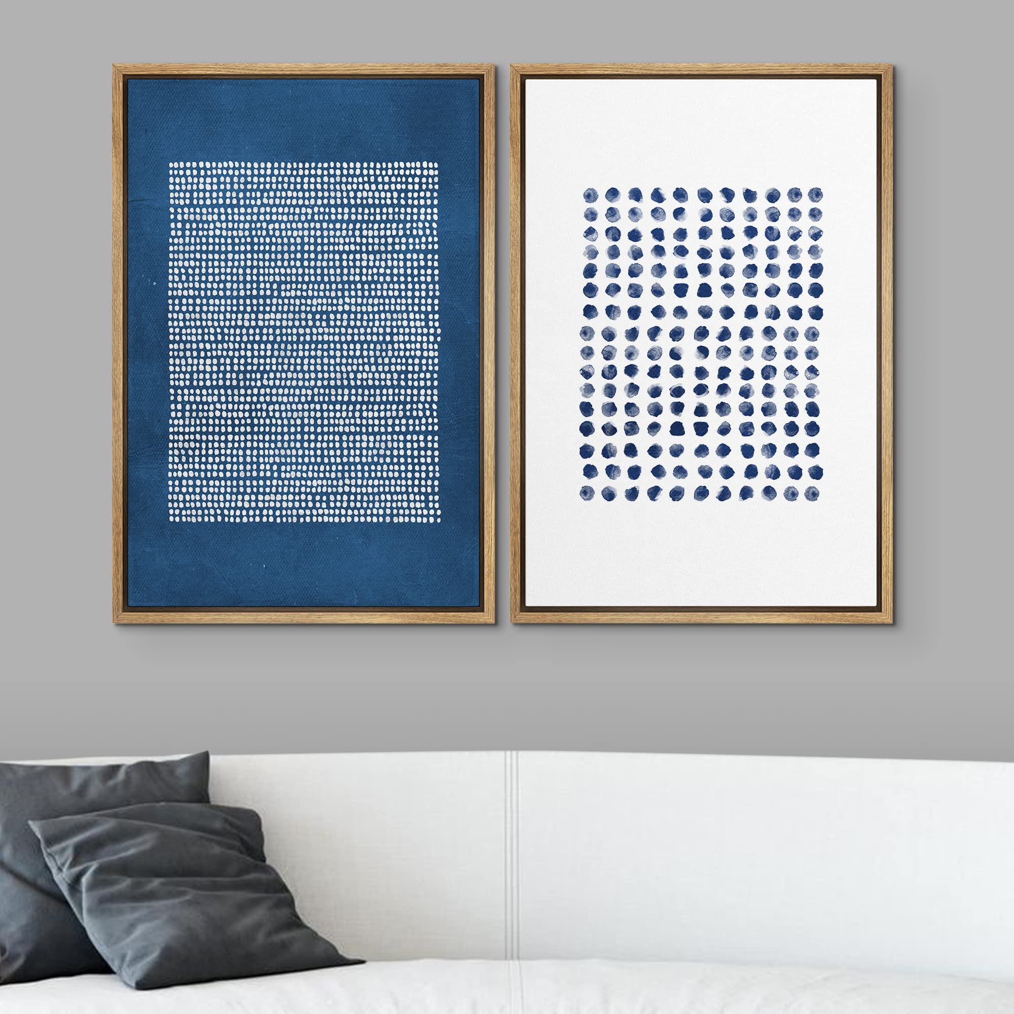 SIGNWIN Framed Canvas Print Wall Art Set Navy Blue White Geometric Dot Collage Abstract Shape Illustration Modern Art Decorative Nordic Multicolor for Living Room  Bedroom  Office - 16''x24''x2 Natural