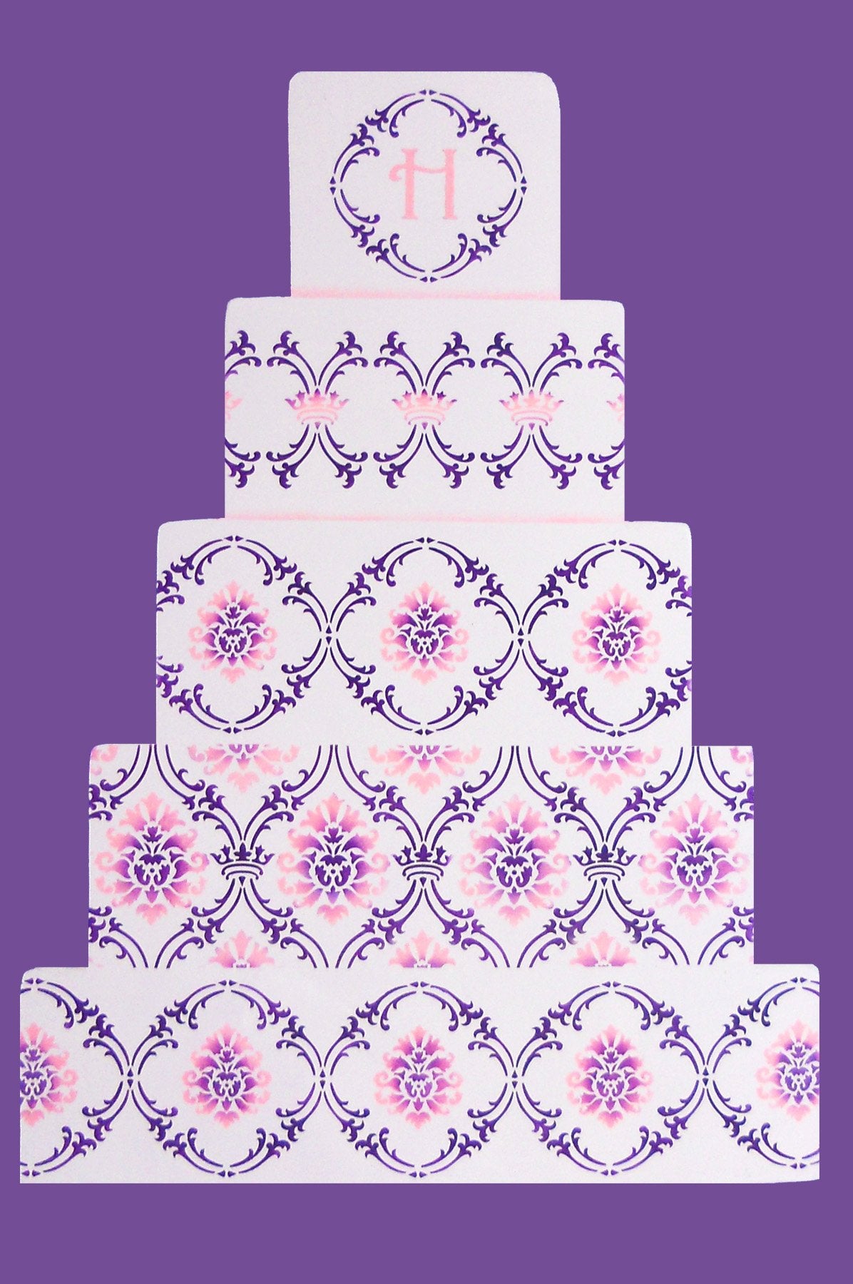 Designer Stencils C702 Royal Damask Cake Stencil Set, Beige/Semi-Transparent 3.5 X 3.5, 2.8 X 9.4, 3.5 X 12.25, 4.2 X 12.75