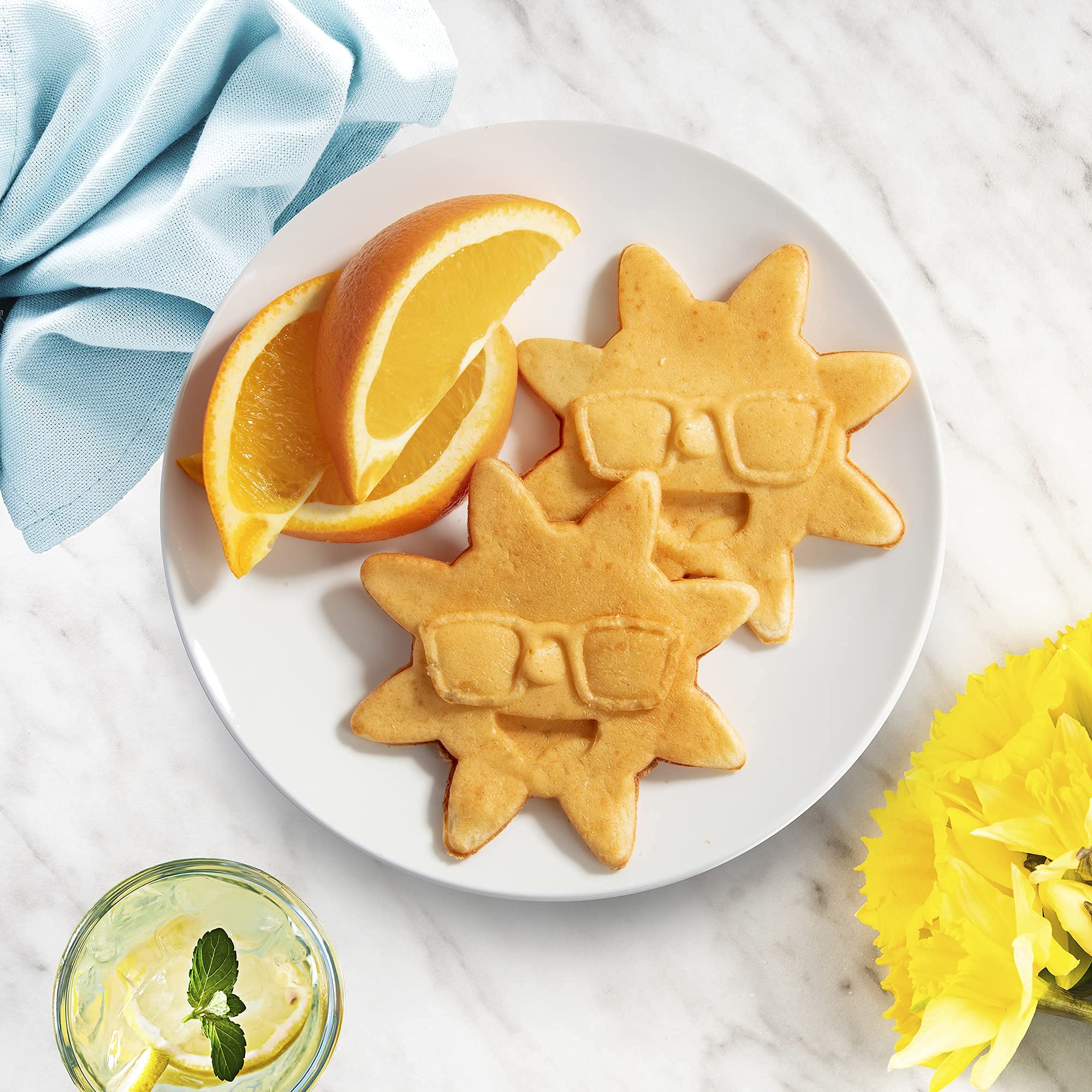 Rise & Shine Mini Sun Waffle Maker - Personal-Sized 4'' Sunshine Smile Individual Waffles For Kids, Adults- Cute Non-Stick Elect