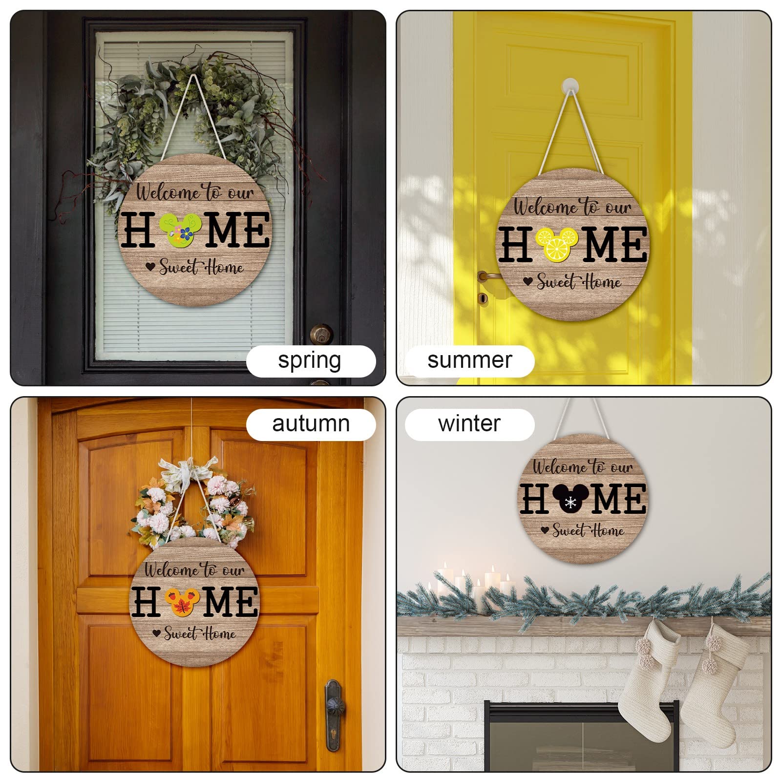 Qweryboo 13 Pcs Mouse Welcome Door Sign,Seasonal Interchangeable Wreaths Rustic Wood Hanging Signs Welcome to Our Home Door Sign