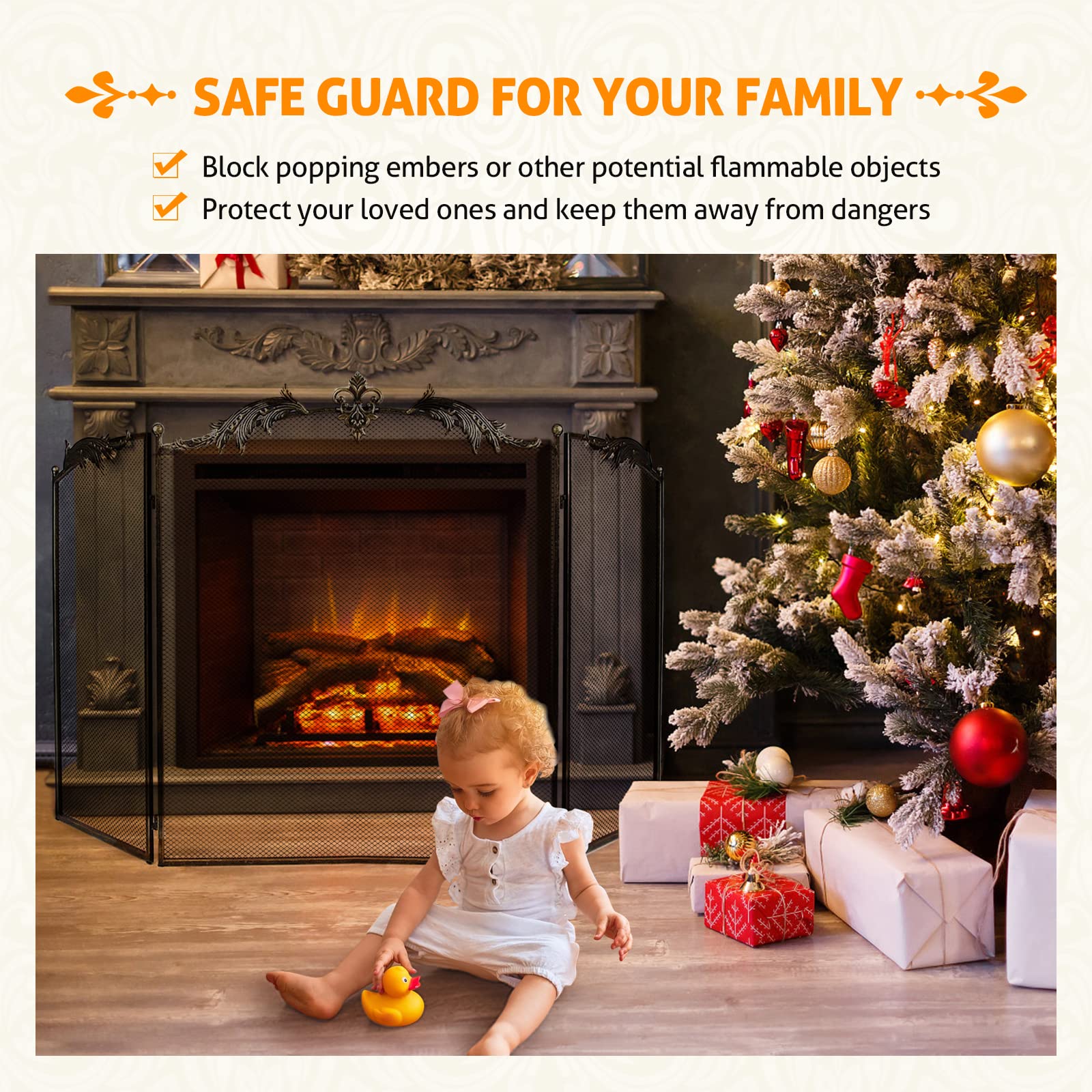 Wichemi Fireplace Screen 3 Panel Folding Fireplace Screens 50.4 X 32.3 Inch Metal Furnace Fireguards Mesh Cover Baby Safe Proof