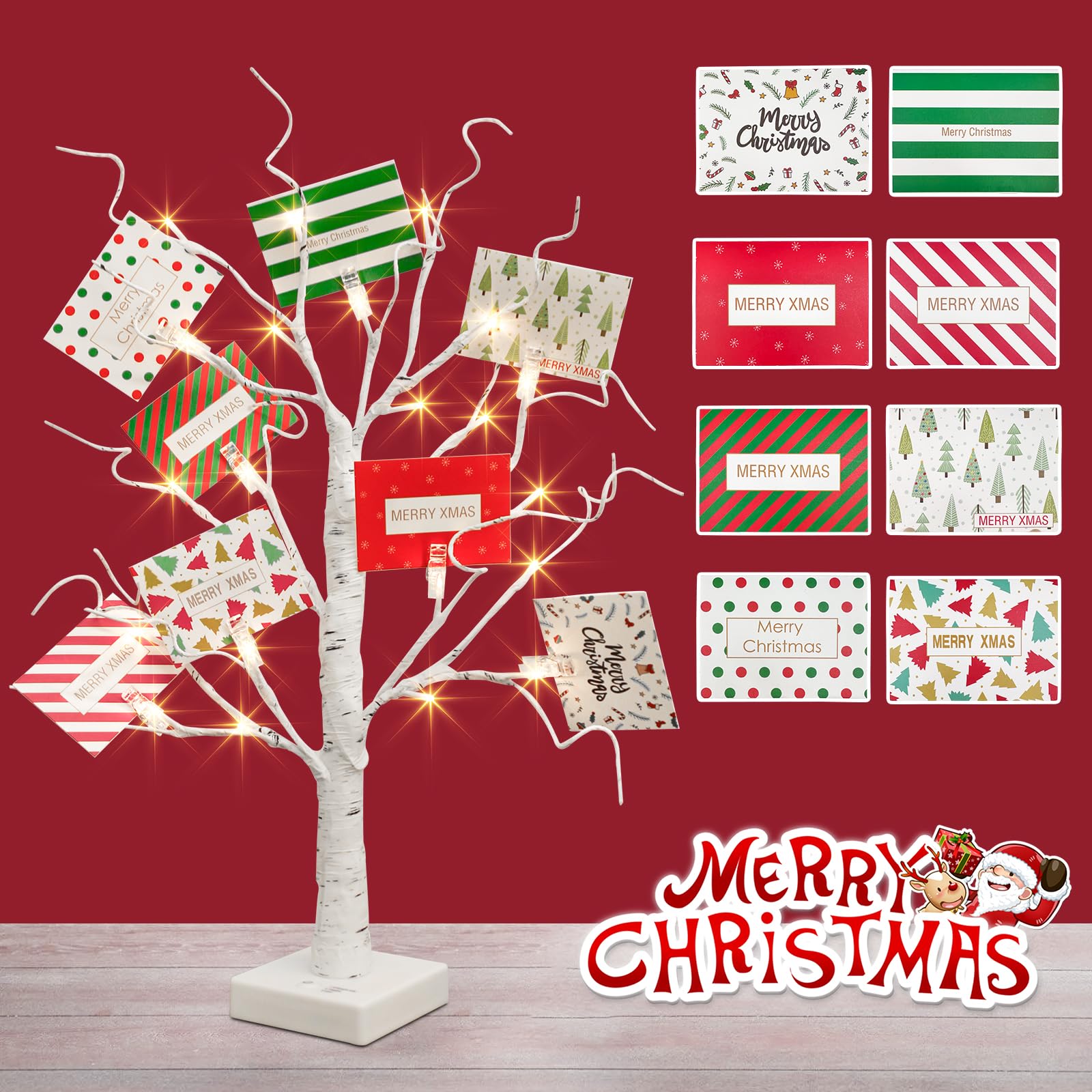 EAMBRITE Christmas Tree with Gift Cards, Money Tree Gift Holder, White Lighted Birch Tree Tabletop 2 FT 24 LED, Light Up Display