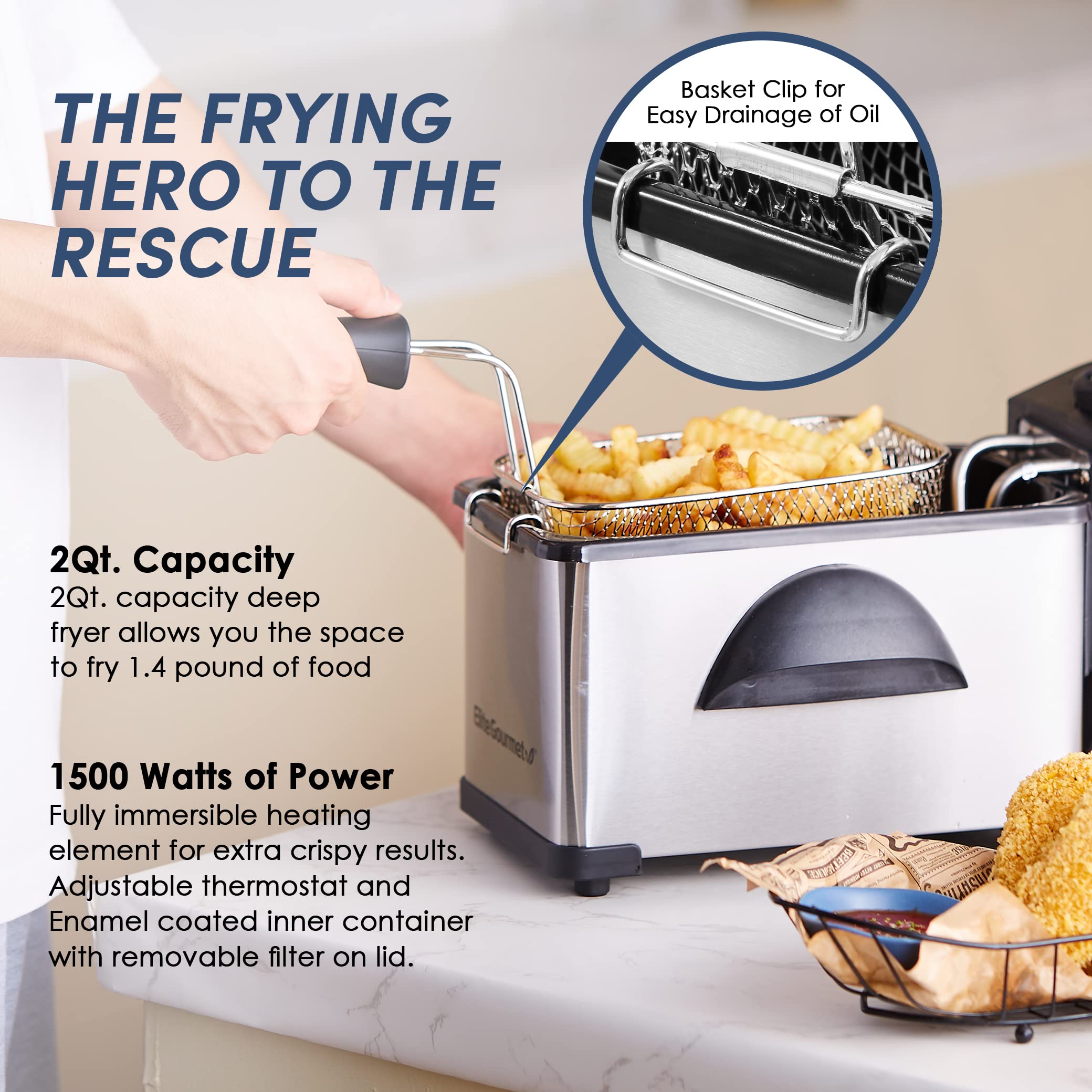 Elite Gourmet Edf2100 Electric Immersion Deep Fryer Removable Basket Adjustable Temperature, Lid With Viewing Window And Odor Fr