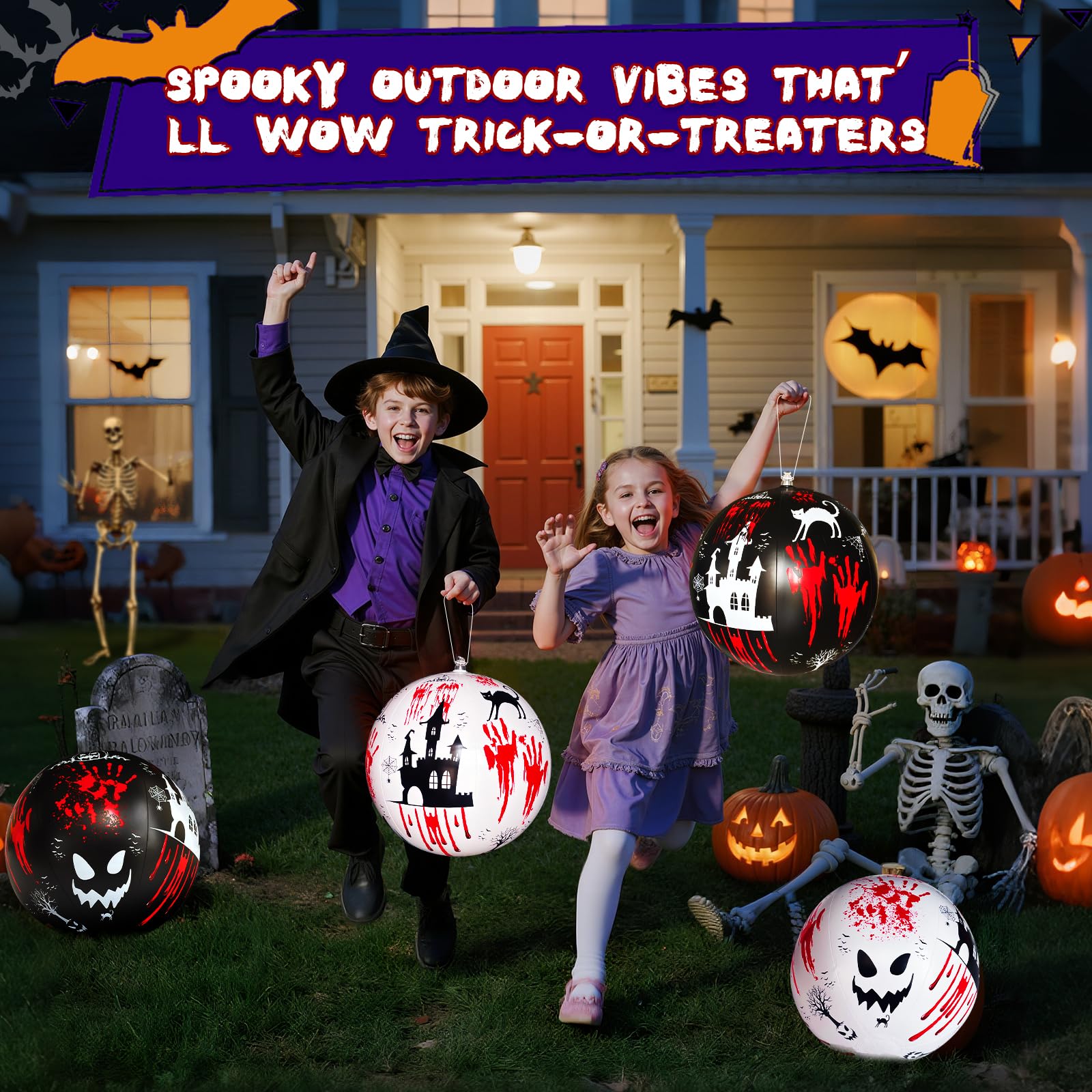 10 PCS 11.8 inch Hanging Halloween Decorations Ball Set, Inflatable Hanging Halloween Ornament Balls with Bloody Handprints, Hau