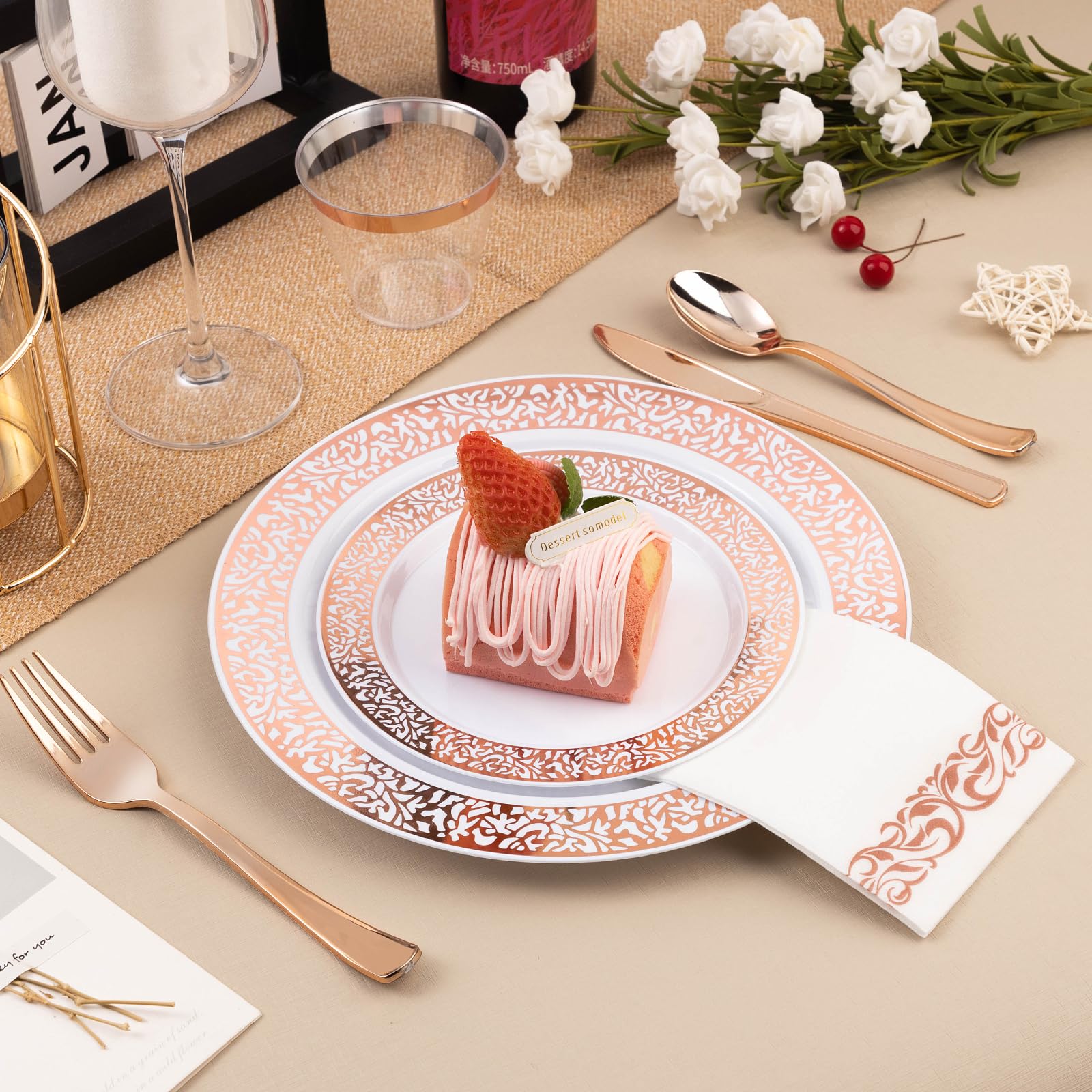 Bestluck 350Pcs Rose Gold Plastic Dinnerware Set For 50 Guests, Disposable Plates For Valentine'S Day, Include 50 Rose Gold Dinn