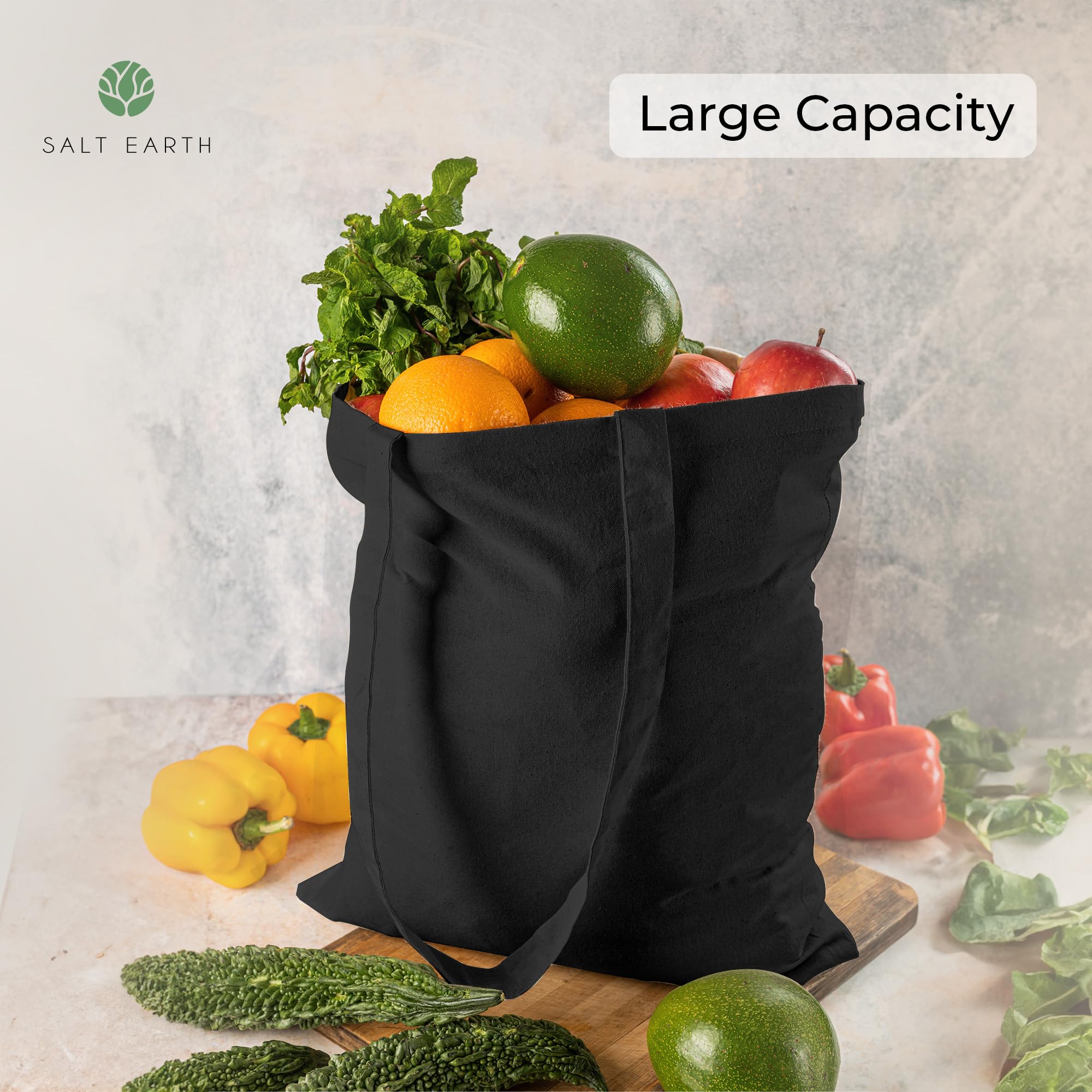 Salt Earth Pack of 5 | 6 | 12 | 24 | 48 - 100% Cotton Reusable Tote Bags - Bulk Grocery, Shopping, DIY, Beach & Gift Use (Black)