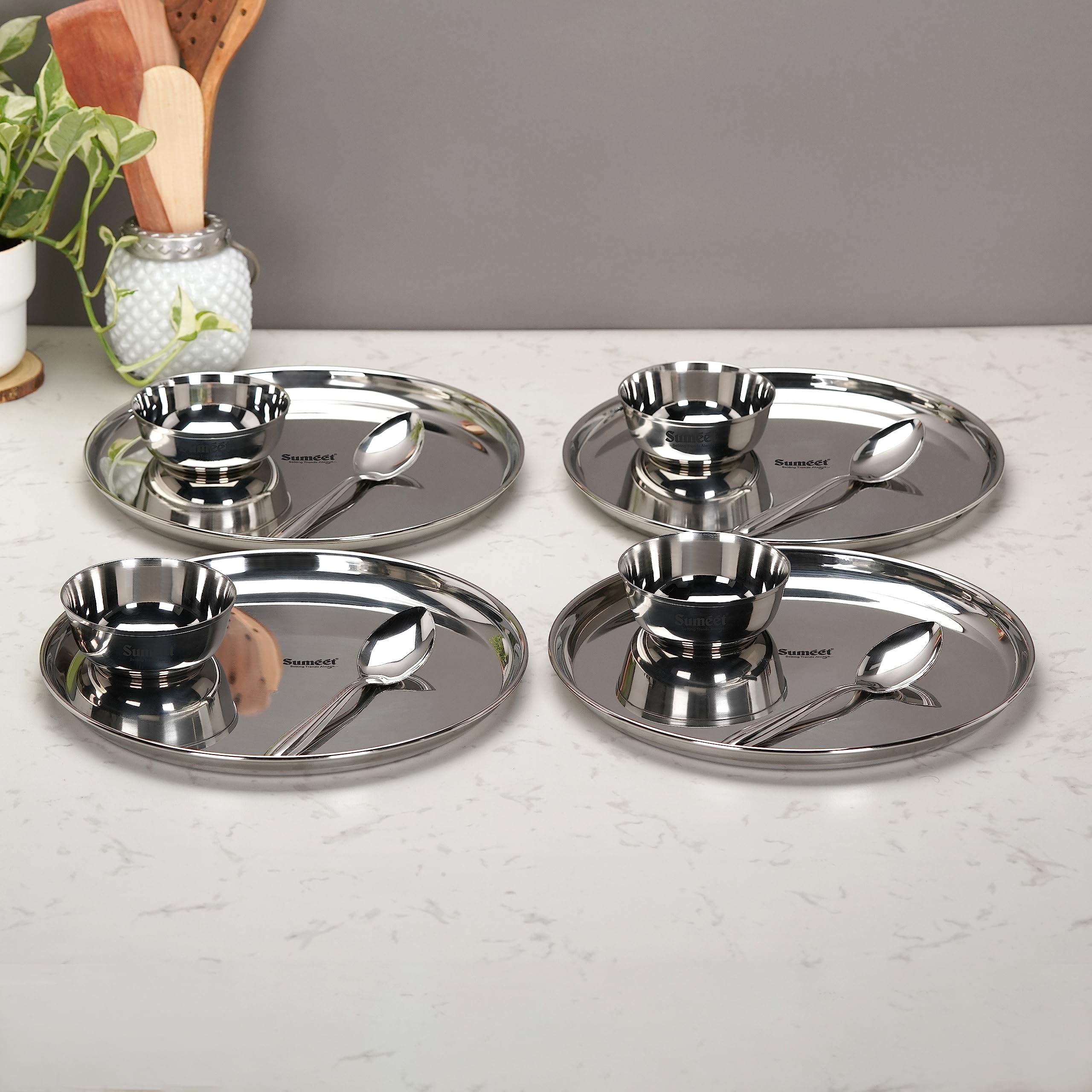 Sumeet Solid Stainless Steel Heavy Gauge Mirror Finish Dinner Set Of 12 Pcs (4 Plate  4 Bowl Wati  4 Spoon)  Silver