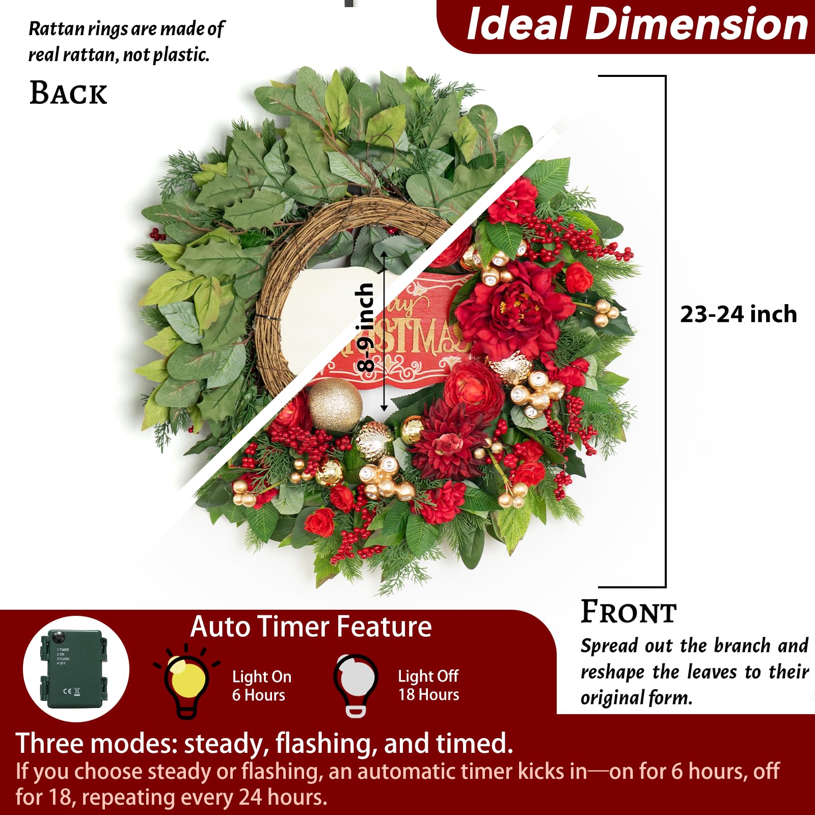 Christmas Wreaths for Front Door 24 Inch Christmas Wreath with Red Flowers, Berries, Gold Ornaments and LED Lights,Holiday Wreat
