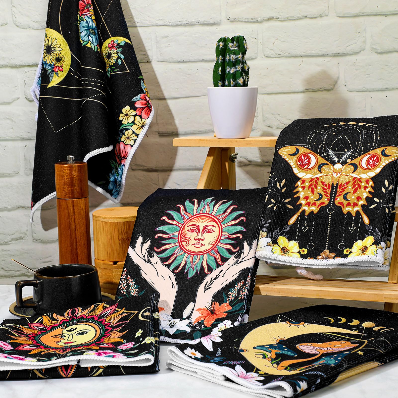 Boyiee Set Of 6 Witchy Kitchen Towels Boho Tea Towels Absorbent Mushroom Floral Dish Towels 24 X 16'' Gothic Dish Towels Sun Moo