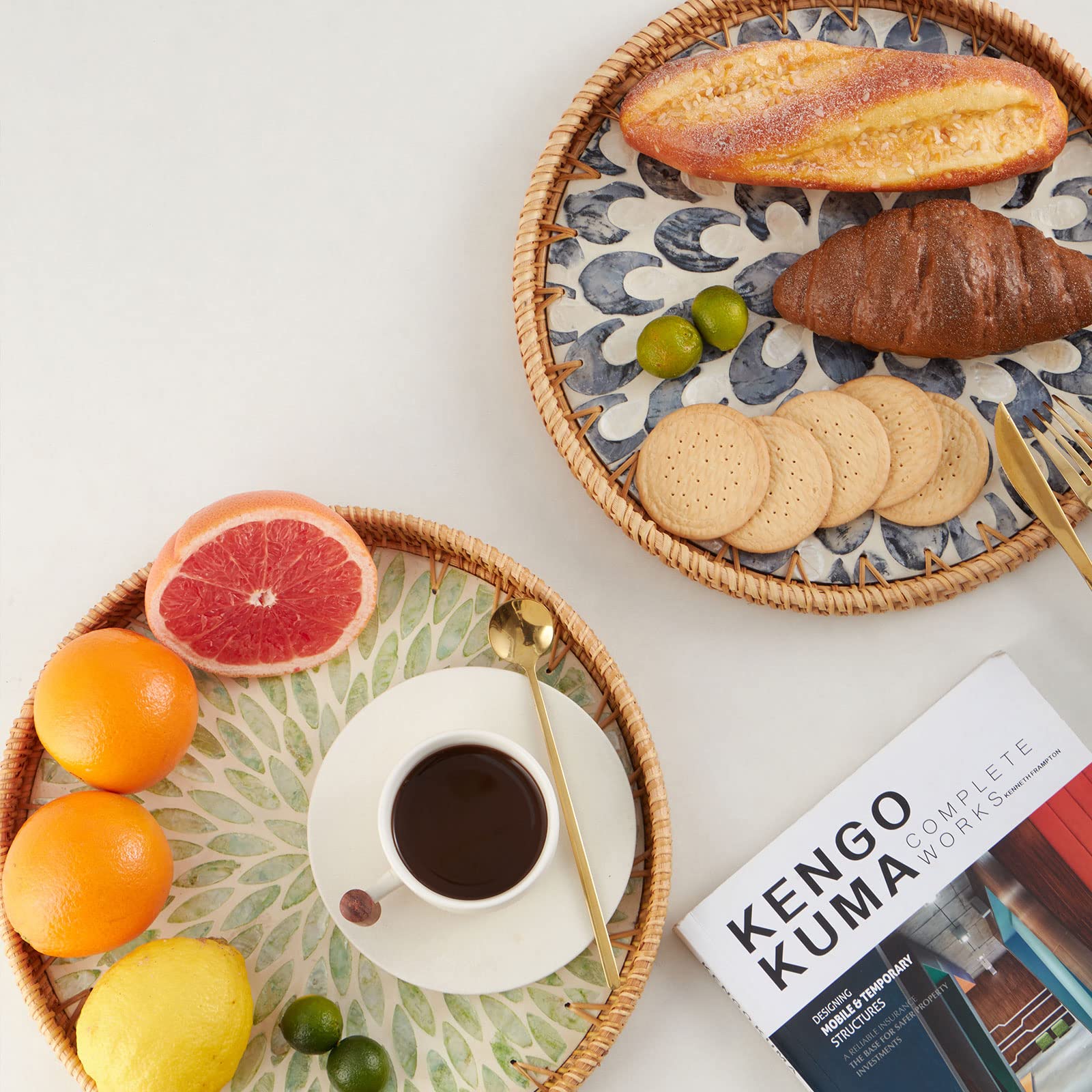 Round Rattan Tray With Mother Of Pearl Inlay, Rattan Serving Tray With Wooden Base, Decorative Wicker Basket For Table Decor, St