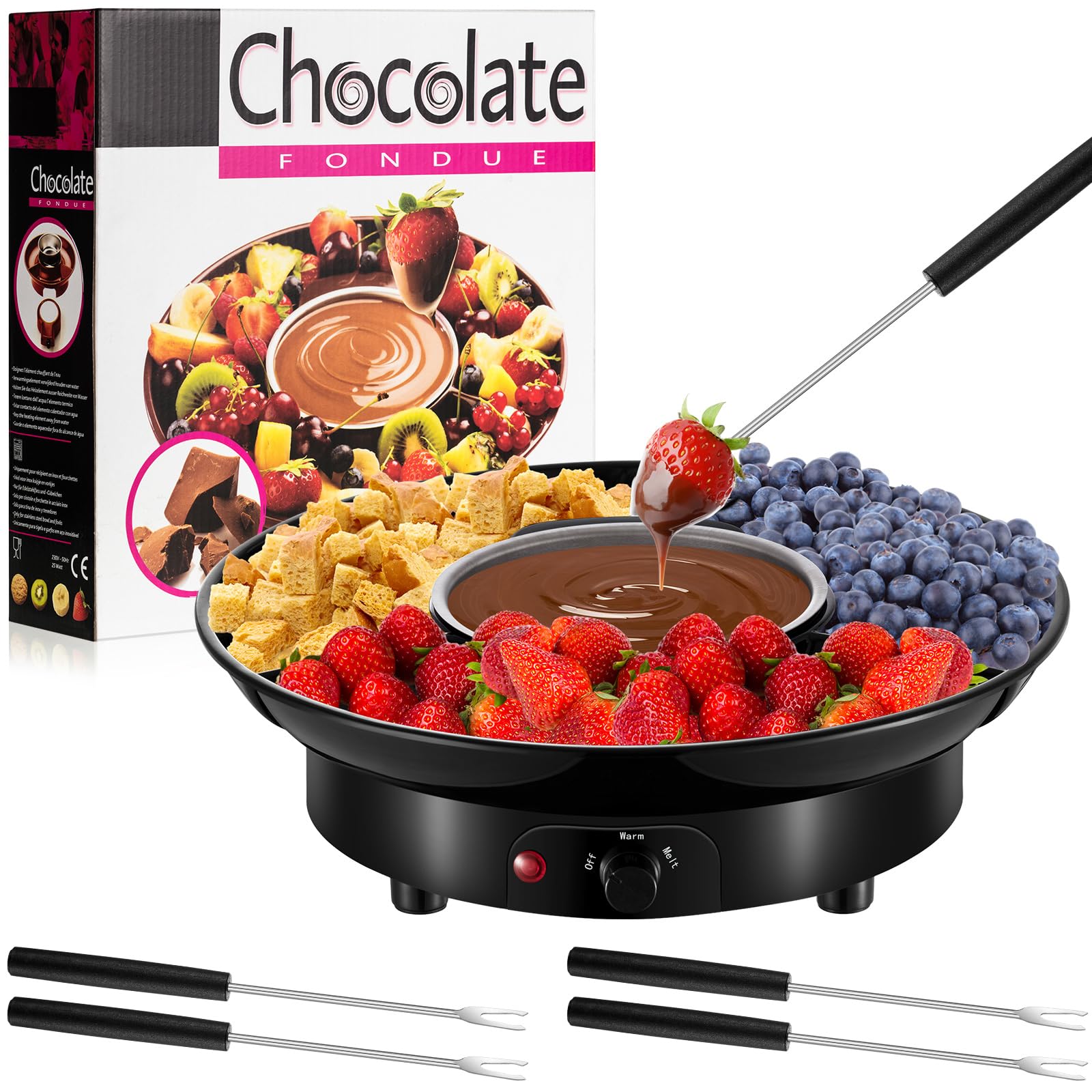 Lallisa Electric Fondue Pot Set, Chocolate Fondue Kit, Detachable Serving Trays with 4 Roasting Forks, Valentines Day Gift Set 