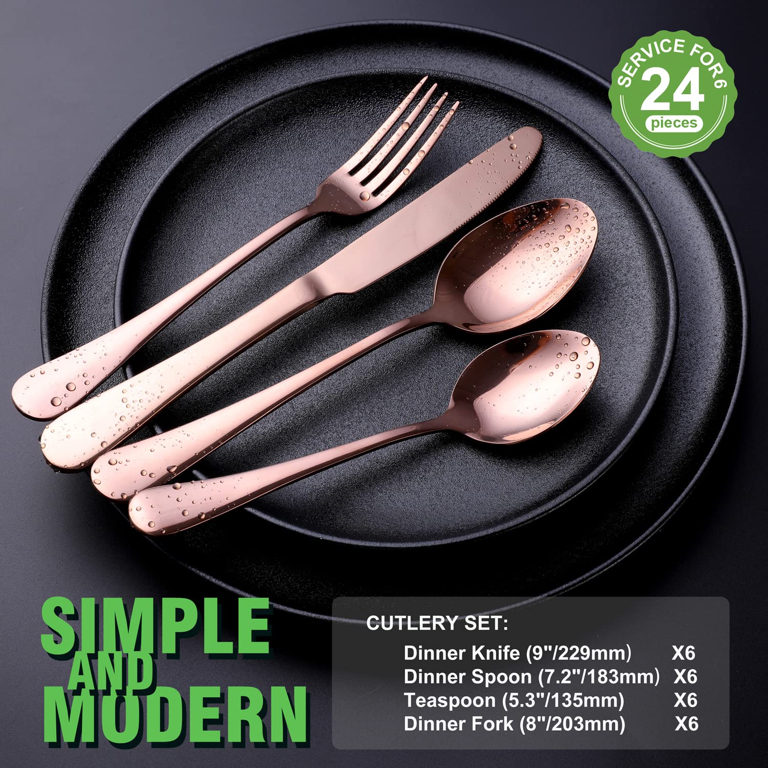 Copper/Rose Gold Silverware Set  OGORI 24-Piece Stainless Steel Flatware Set  Service of 6