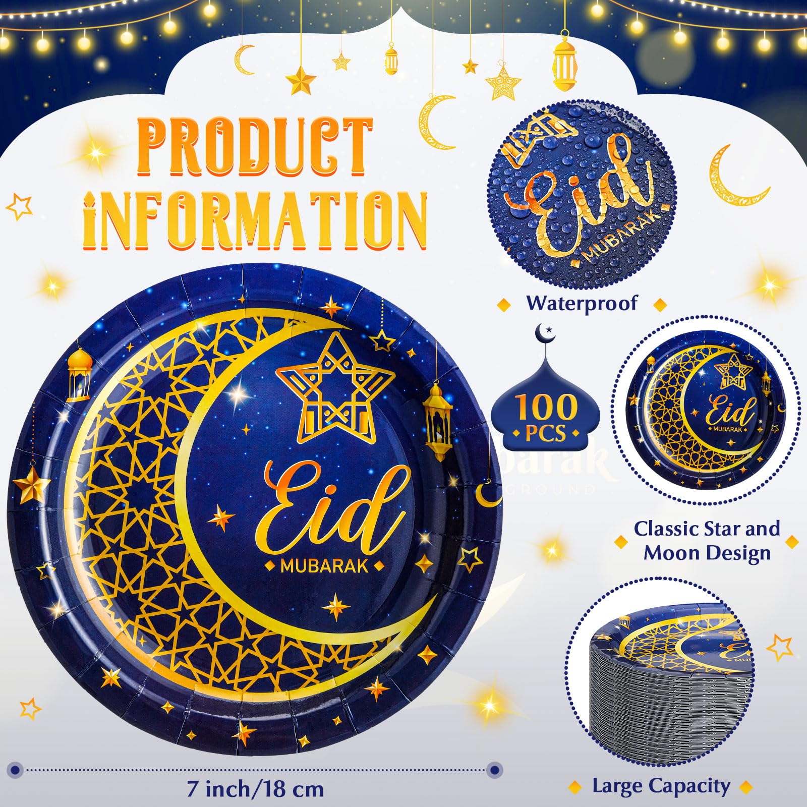 Silifine 100 Pcs Eid Al Adha Islamic Party Decorations Supplies Eid Adha Muslim Paper Plate Bulk 7 Inch Disposable Dessert Plate