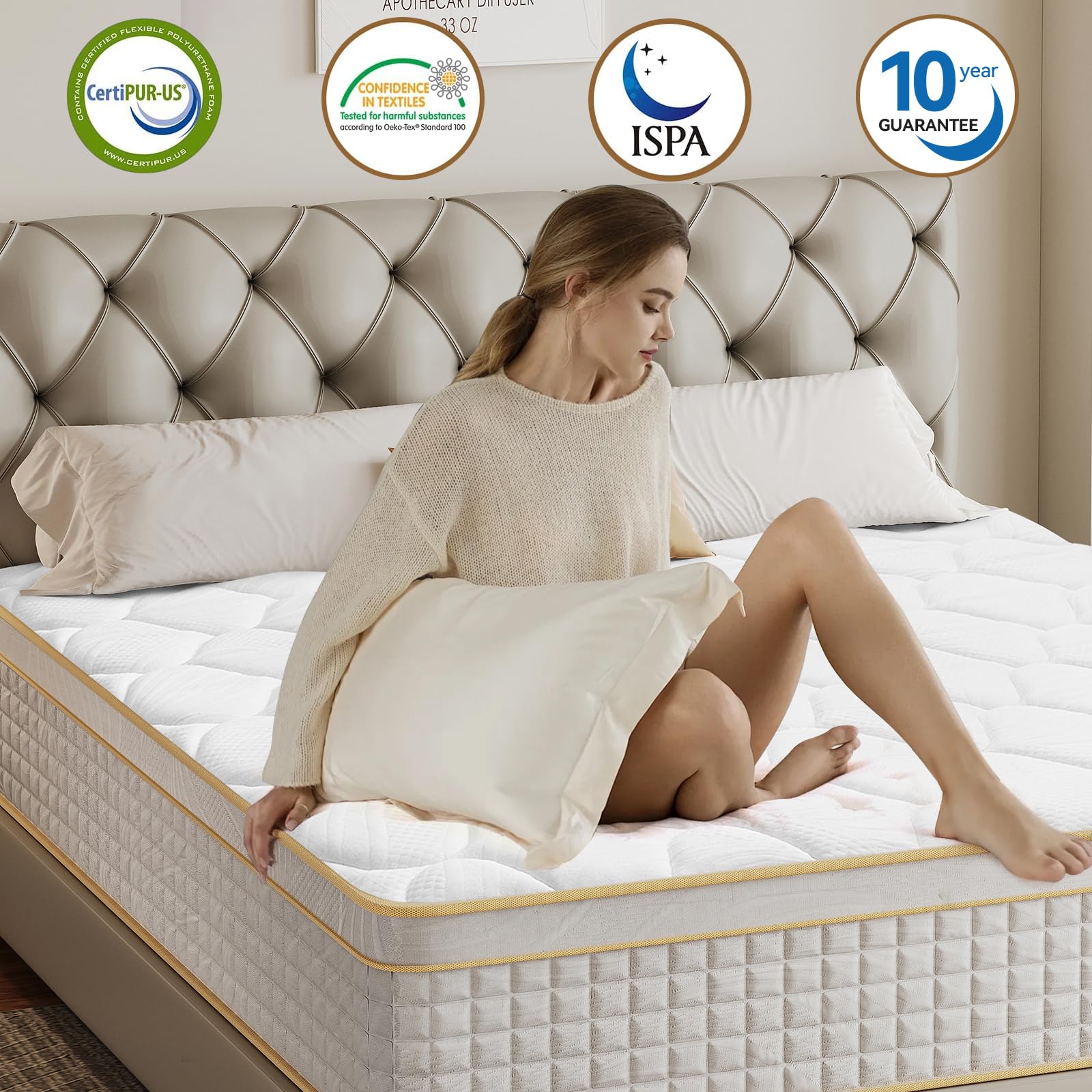 Ruanrest Bed Mattress, Hybrid Mattress in a Box with Memory Foam and Pocket Springs for Pressure Relief, Medium Firm Mattress, M