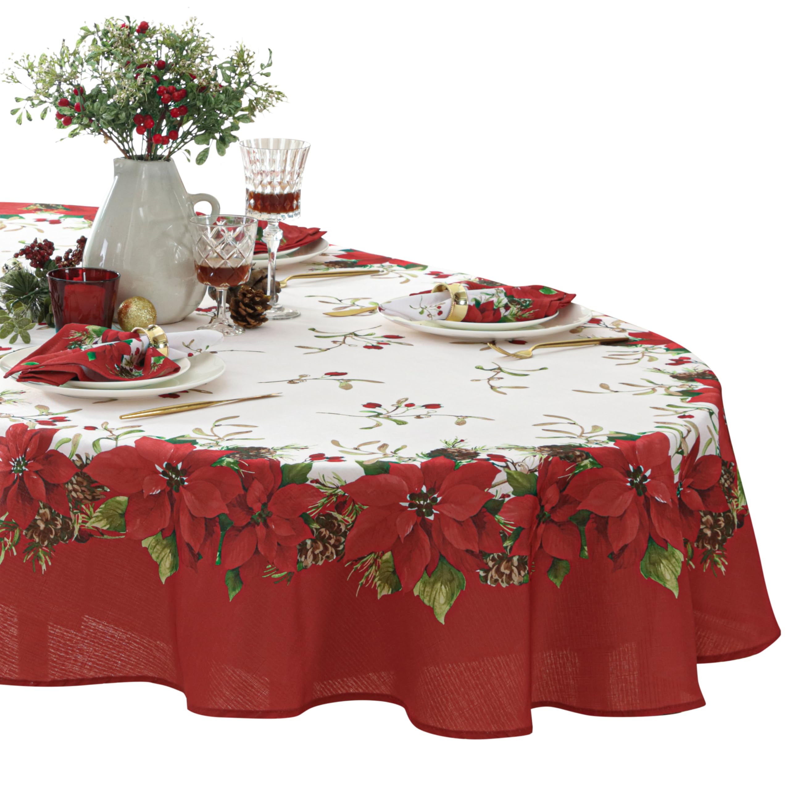 Newbridge Christmas Blooming Poinsettias Double Bordered 60 X 84 Inch Oval Fabric Tablecloth, Holiday Red And White Poinsettia D