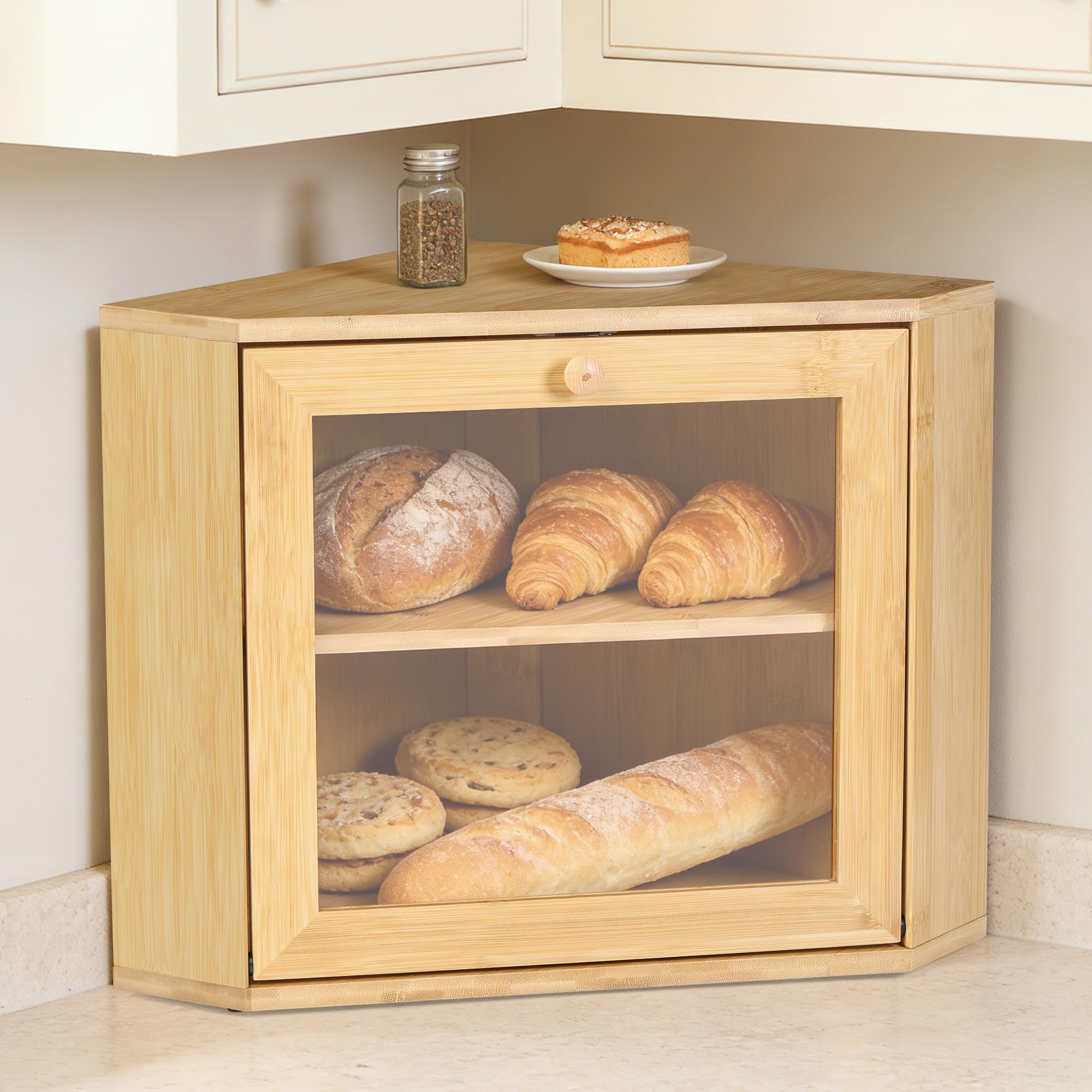 VELOHEIM Bamboo 2Tier Corner Bread Storage Box for Kitchen Countertop