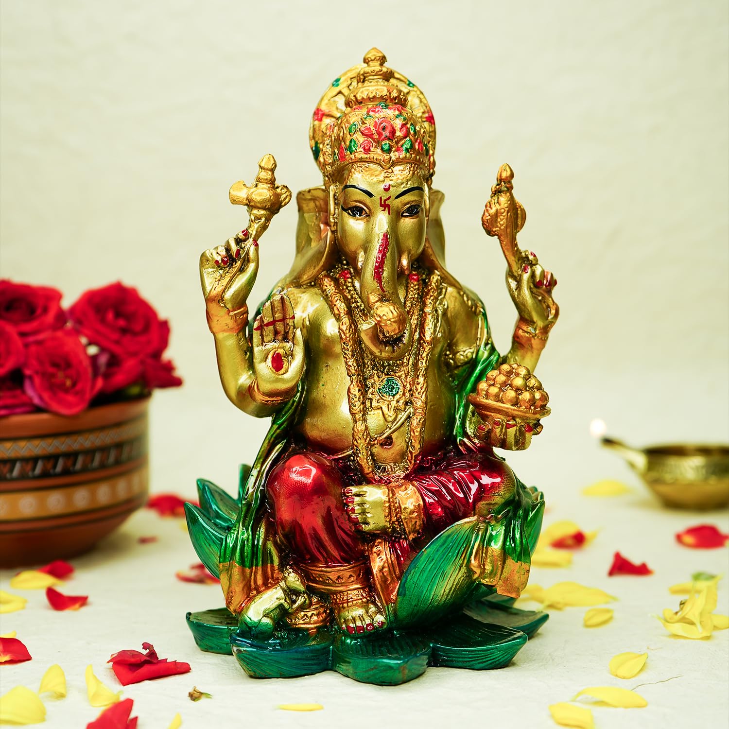 Ekhasa Ganesha Idol For Puja (6 Inch) | Marble Dust Ganesh Murti For Pooja Room, Home Decor, Office Desk | Colorful Resin Vinaya