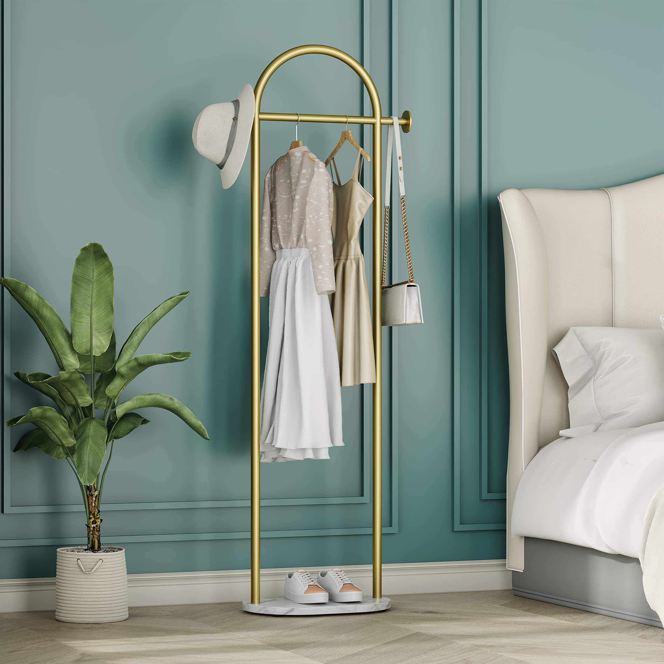 Gold Coat Rack, Modern Garment Rack With Marble Base, Heavy-Duty Clothing Racks Freestanding, Can Hang Clothes, Hat, Scarf, Orga