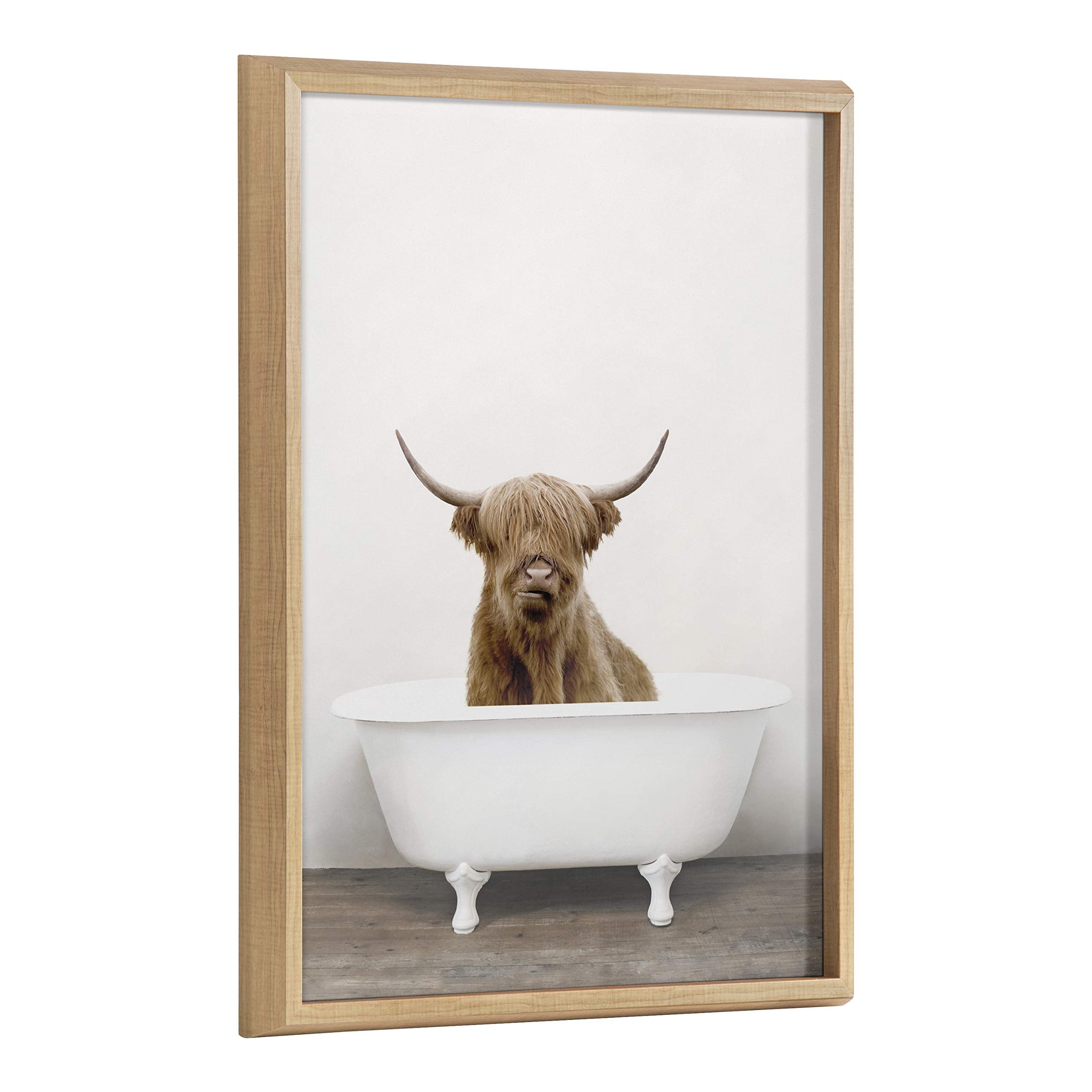 Kate And Laurel Blake Highland Cow In Tub Color Framed Printed Glass Wall Art By Amy Peterson Art Studio, 18X24 Natural, Farmhou