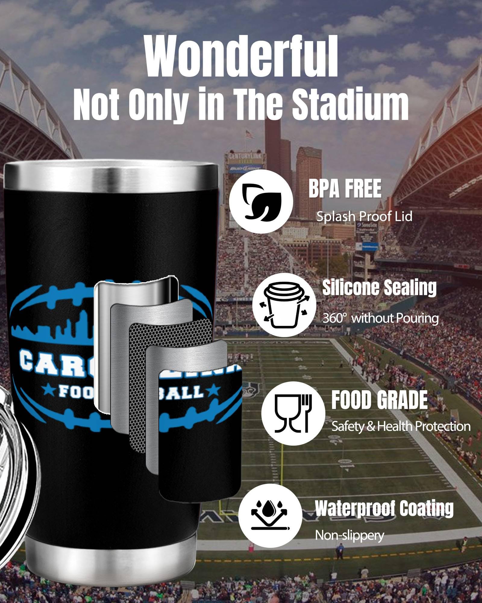 Football Fan 20 Oz Insulated Travel Coffee Cup Mug Tumbler with Lid Carolina Themed Merch Shop Men Women Sport Gear Apparel Pant