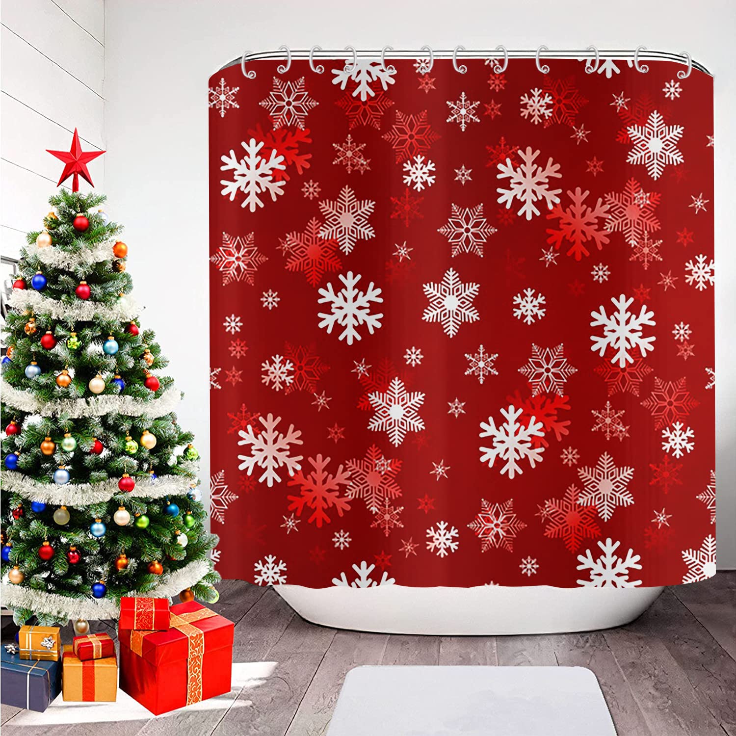 Gcirec Christmas Snowflake Shower Curtain, Red White Xmas Snowflake Winter Holiday New Year Bathroom Curtain Home Bathtub Decor