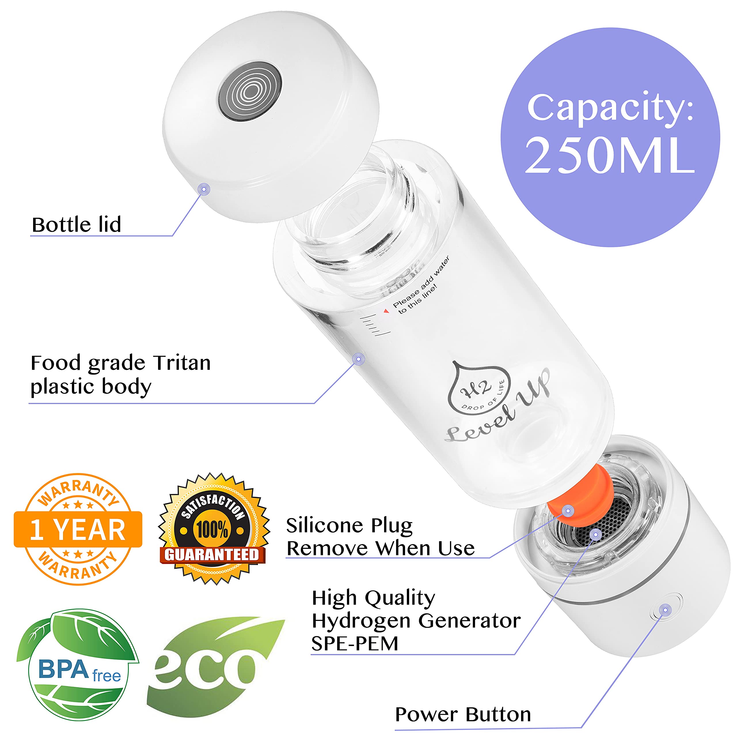 Level Up Way - Premium Hydrogen Water Bottle Generator - Up To 4000 Ppb - Spe Pem Dupont Us - Healthy Life