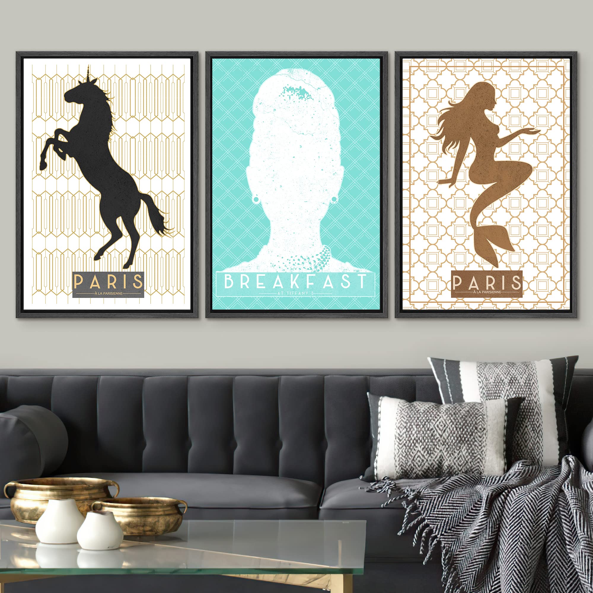 Signwin Framed Canvas Print Wall Art Set Paris Unicorn, Mermaid, Woman Pattern Nature Animals Illustrations Modern Art Rustic Gr