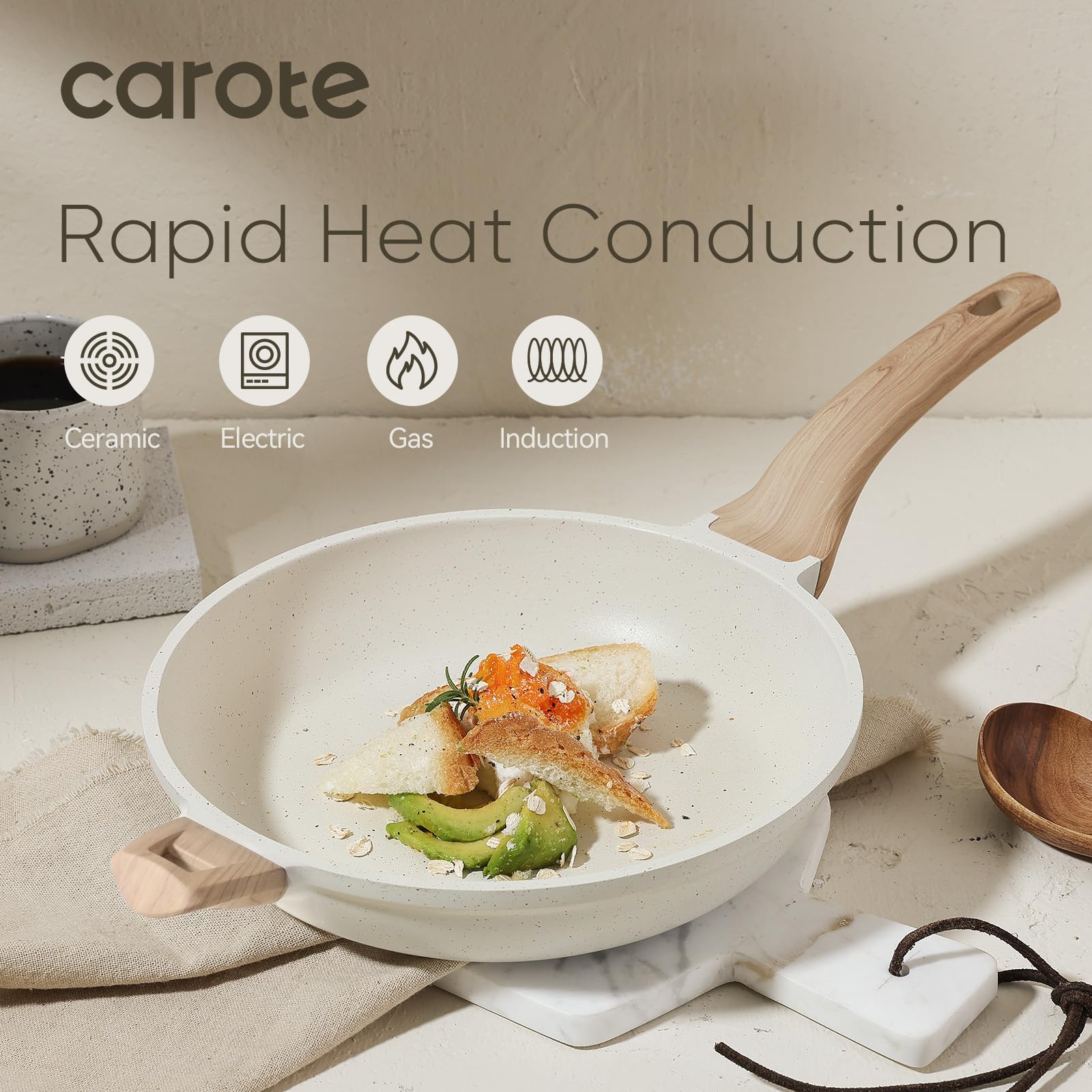CAROTE 12.5 Inch Non Stick Frying Pan with Lid, White Granite Cookware, PFOS & PFOA Free, Model A13072