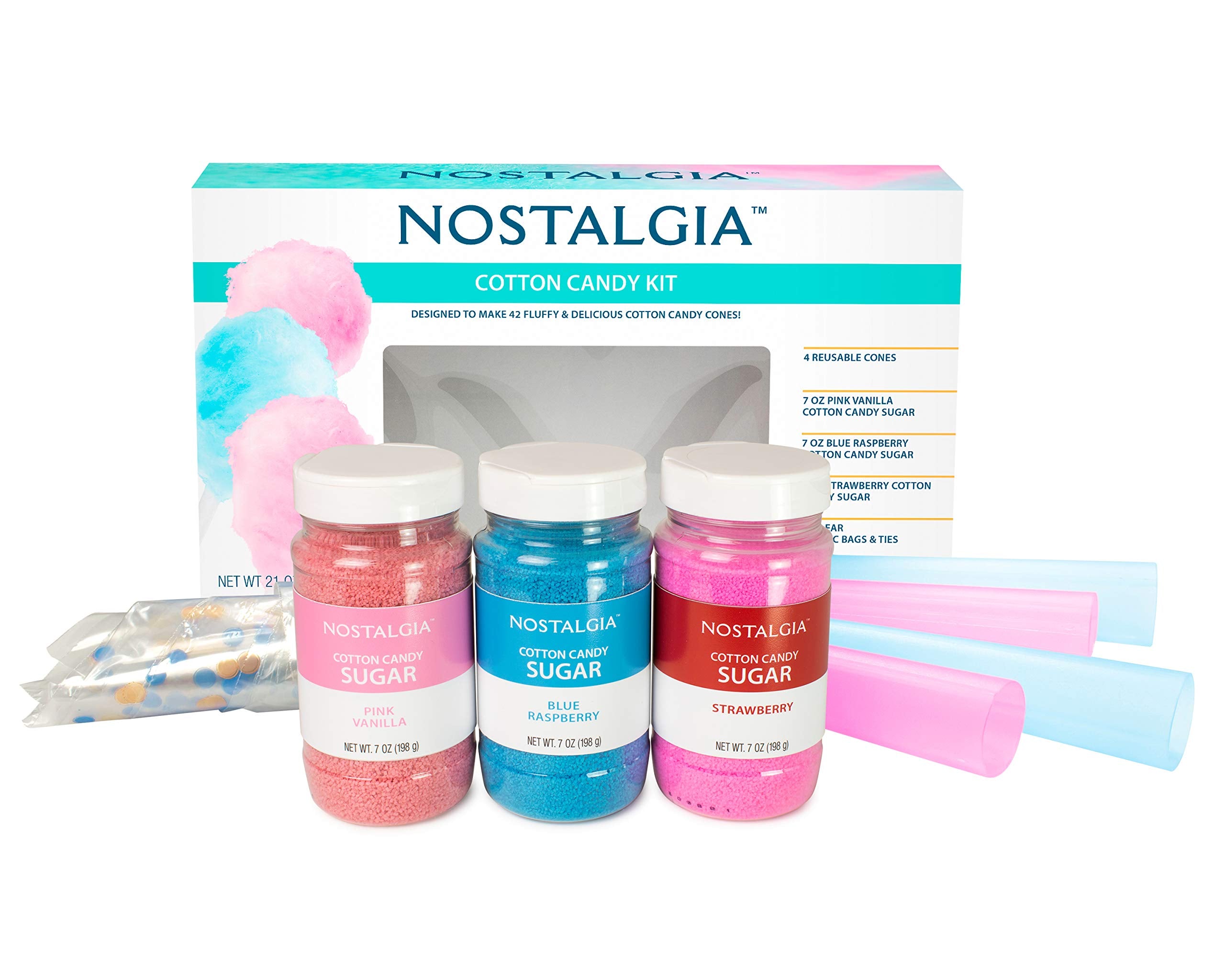 Nostalgia Cotton Candy Party Kit, 3 Flavors, 4 Reusable Cones, 10 Floss Bags