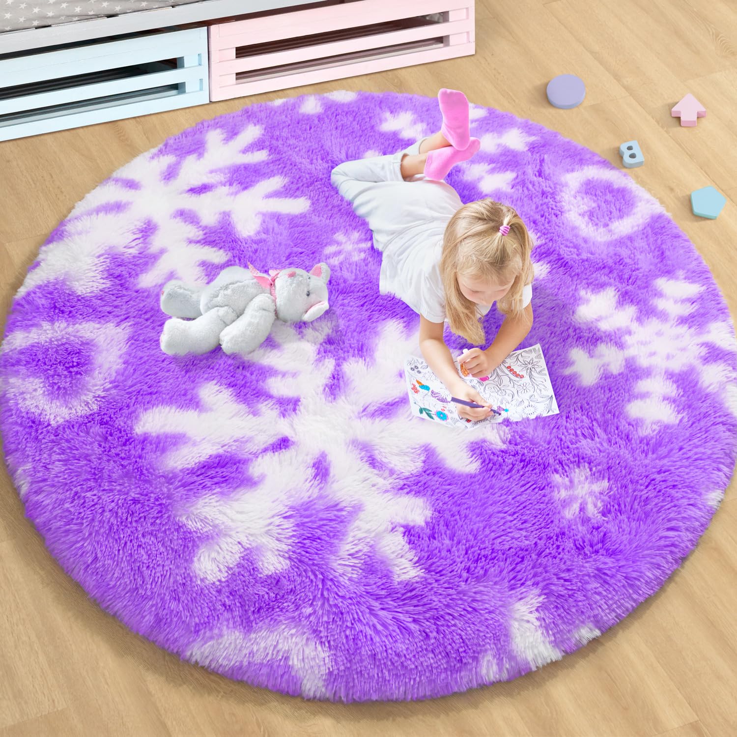 EVOIONOS Round Purple Rugs for Girl Bedroom, 4x4 Feet Fluffy Circle Purple Snowflake Rug for Room Decor, Circular Plush Snowflak