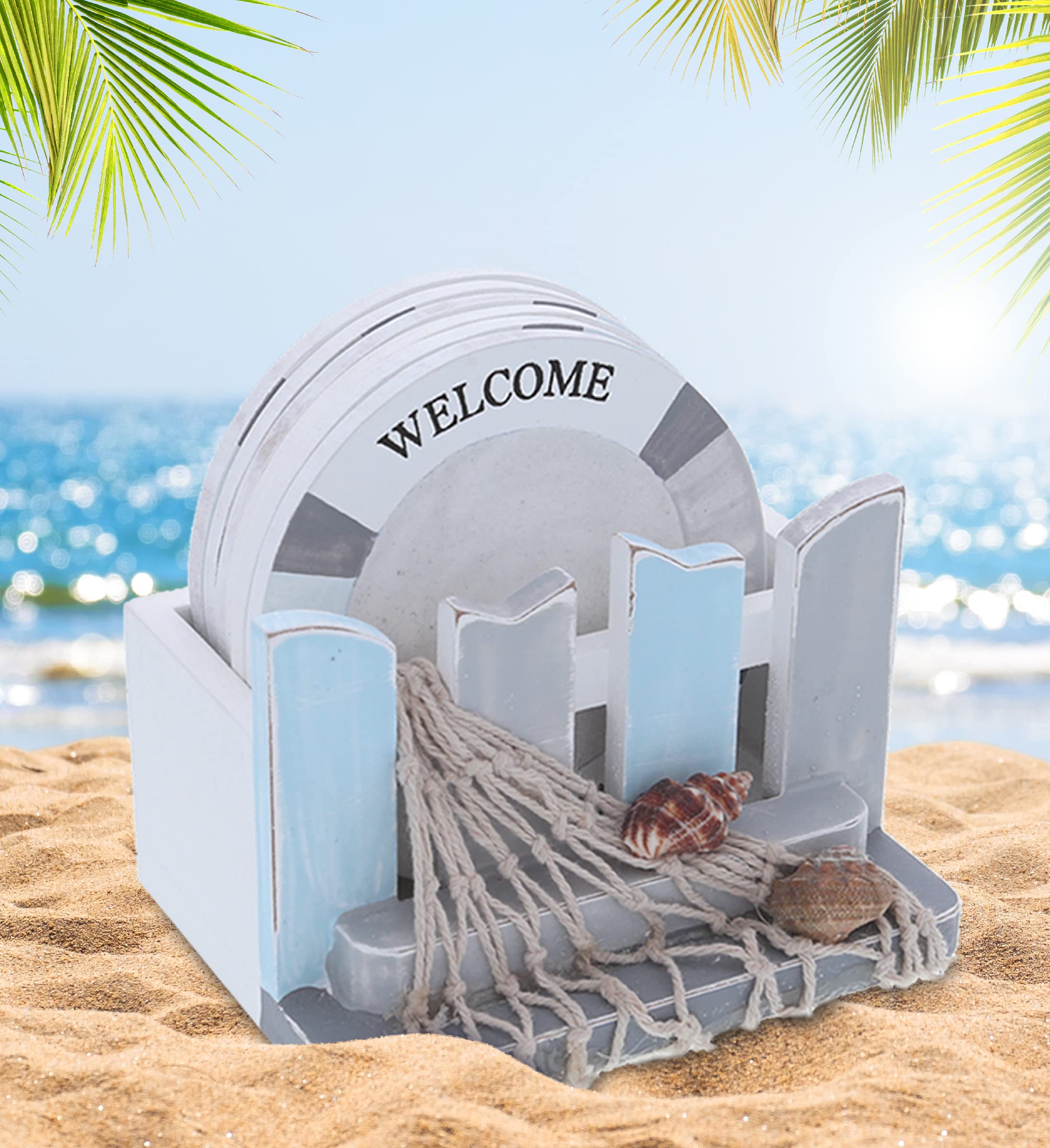 CoTa Global Moonlight Nautical Drink Coasters Set of 6 - Rustic Coasters for Drinks with Holder  Beach Decorations for Home Coastal Decor  Table Top Coasters for Desk - 6 Wood Coasters and 1 Holder