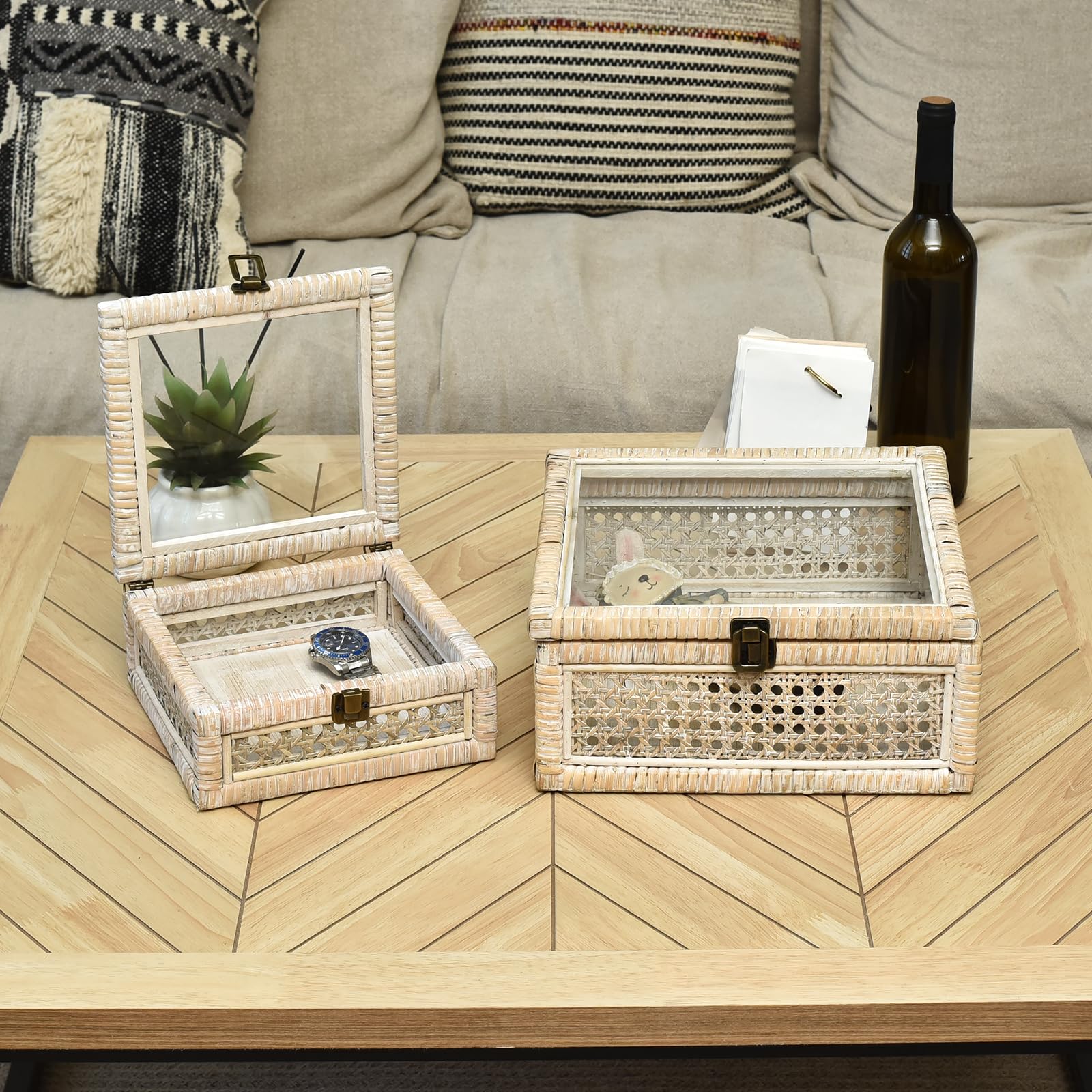 DECOR4SEASON Rattan and Cane Square Stacking Boxes with Glass Top Lid - Set of 2 for Boho, and Rustic Farmhouse D  cor, White Wa