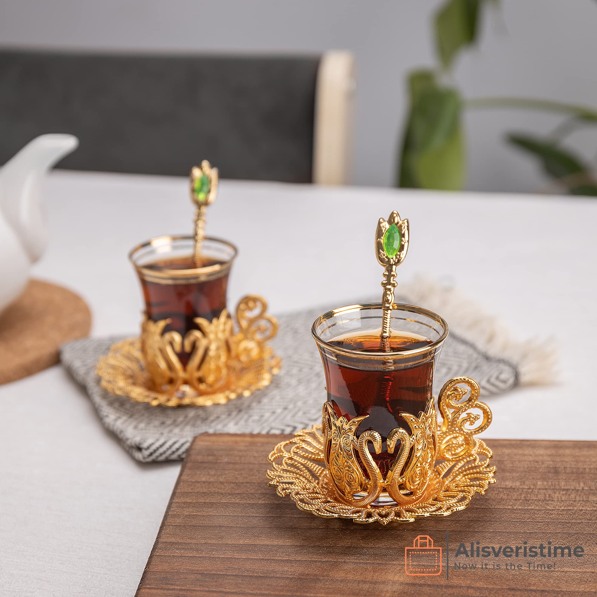 Alisveristime (Set Of 6 Handmade Turkish Tea Water Zamzam Serving Set Glasses Saucer And Spoon (Ottoman) (Gold)