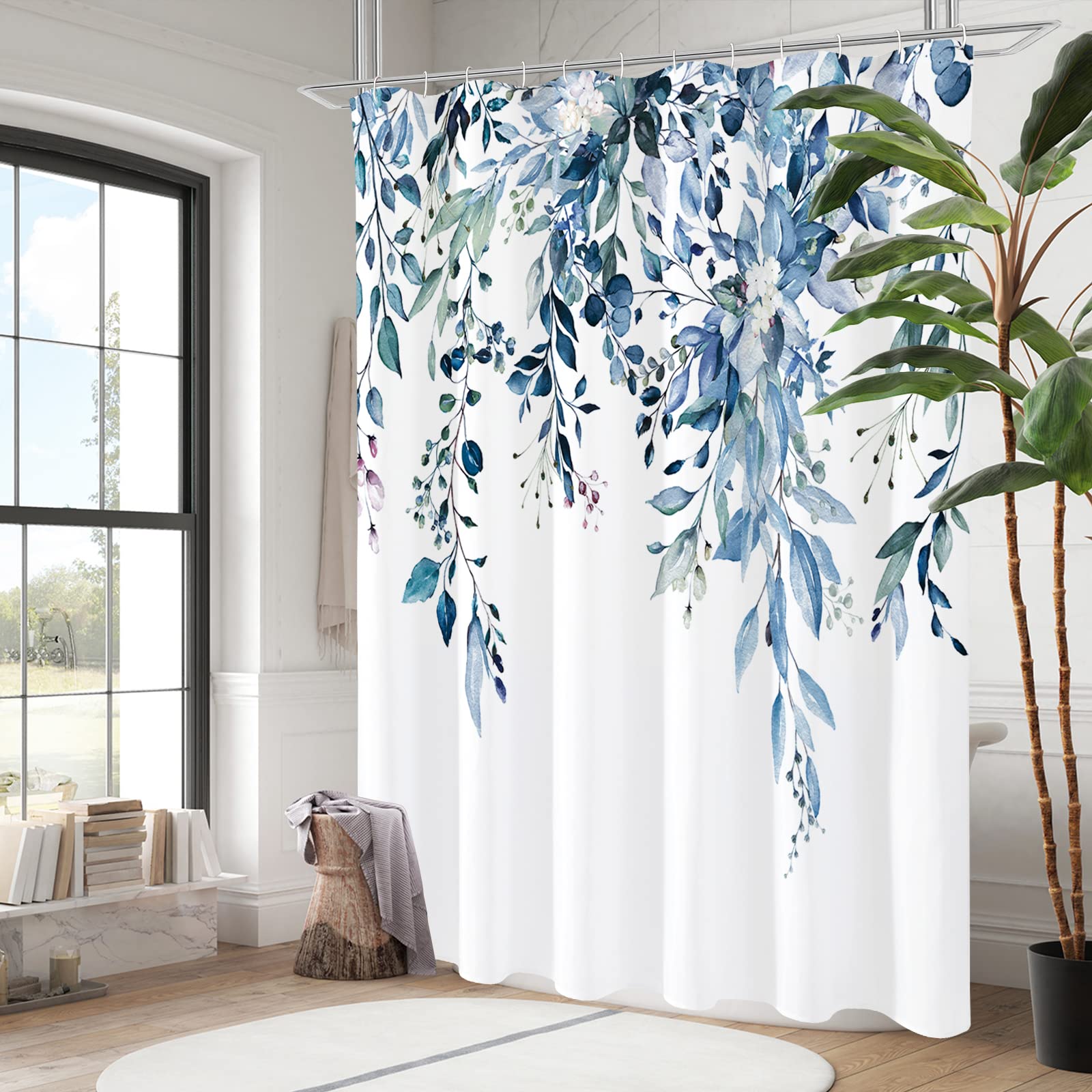 Gibelle Extra Long Shower Curtain 72 x 84  Blue Floral Shower Curtain for Bathroom  Watercolor Plant Eucalyptus Leaves Fabric Shower Curtain Set with Hooks