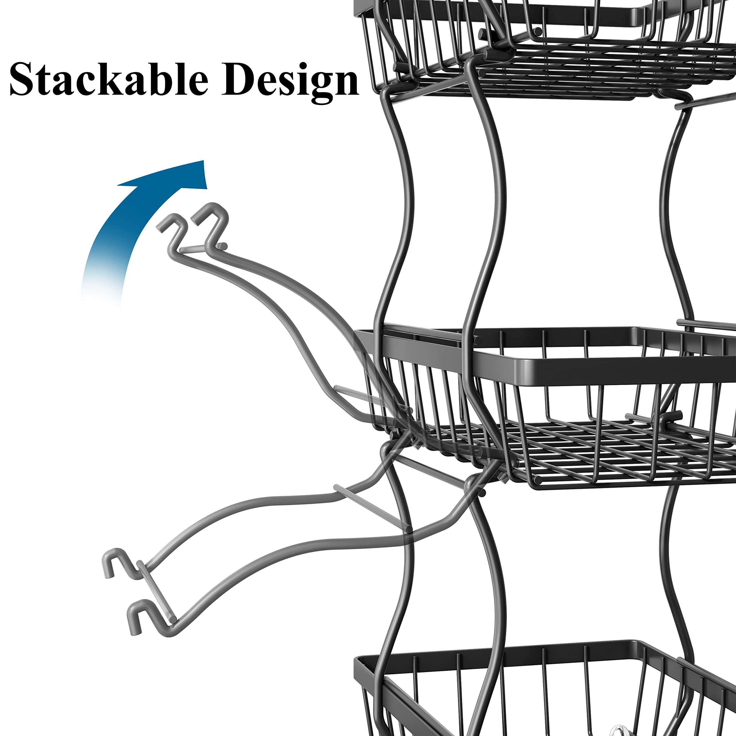 Fruit Vegetable Basket For Kitchen Organizers - 4 Tier Stackable Metal Wire Basket Stand, Black